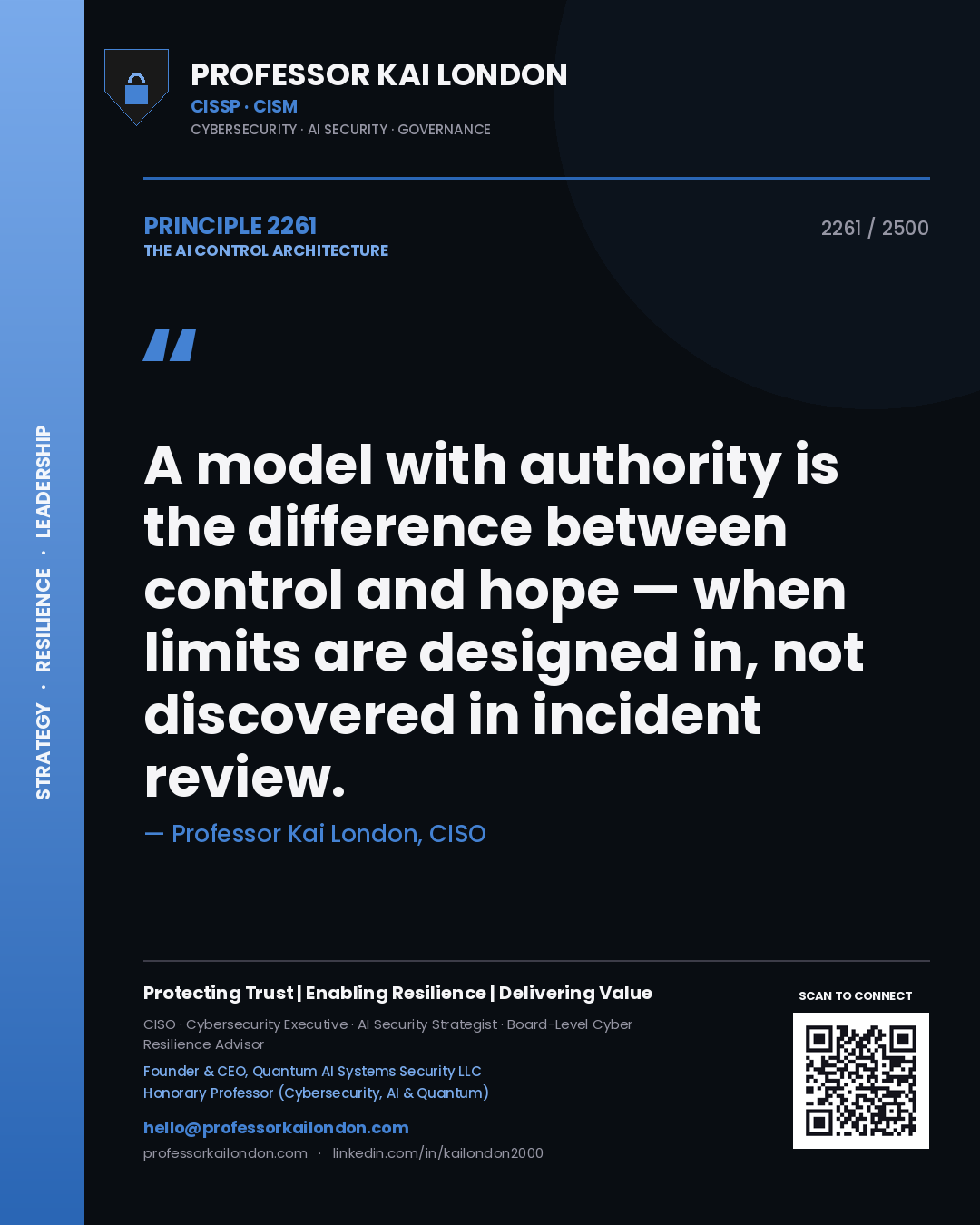 Quote card by Professor Kai London reading 'A model with authority is the difference between control and hope — when limits are designed in, not discovered in incident review.'. From the book The AI Control Architecture.