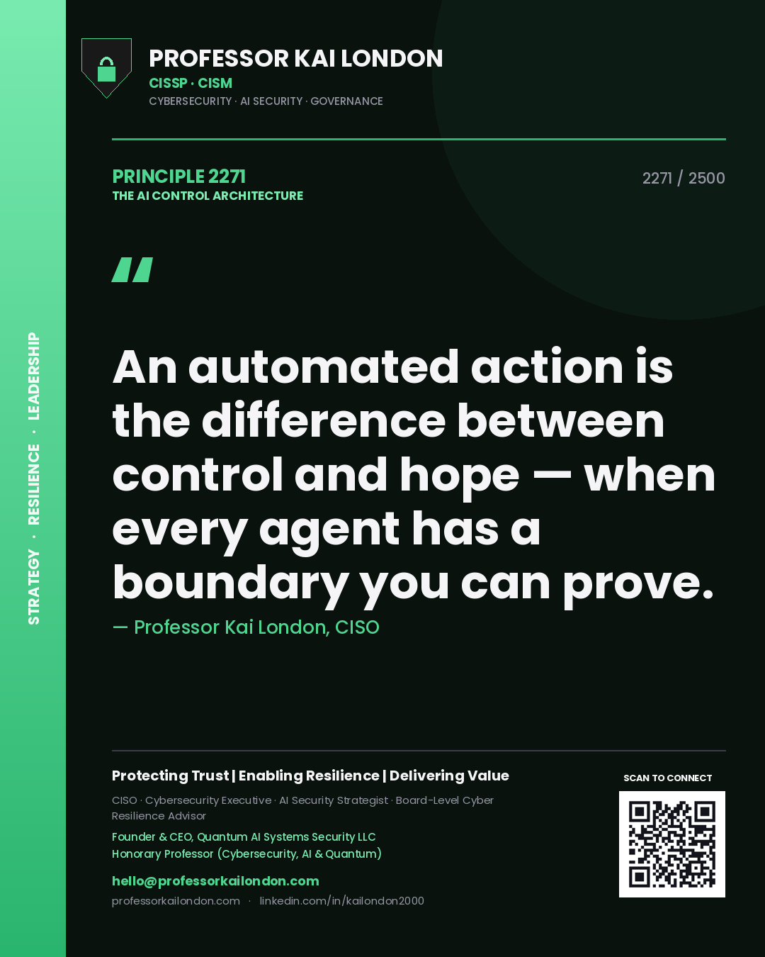 Quote card by Professor Kai London reading 'An automated action is the difference between control and hope — when every agent has a boundary you can prove.'. From the book The AI Control Architecture.
