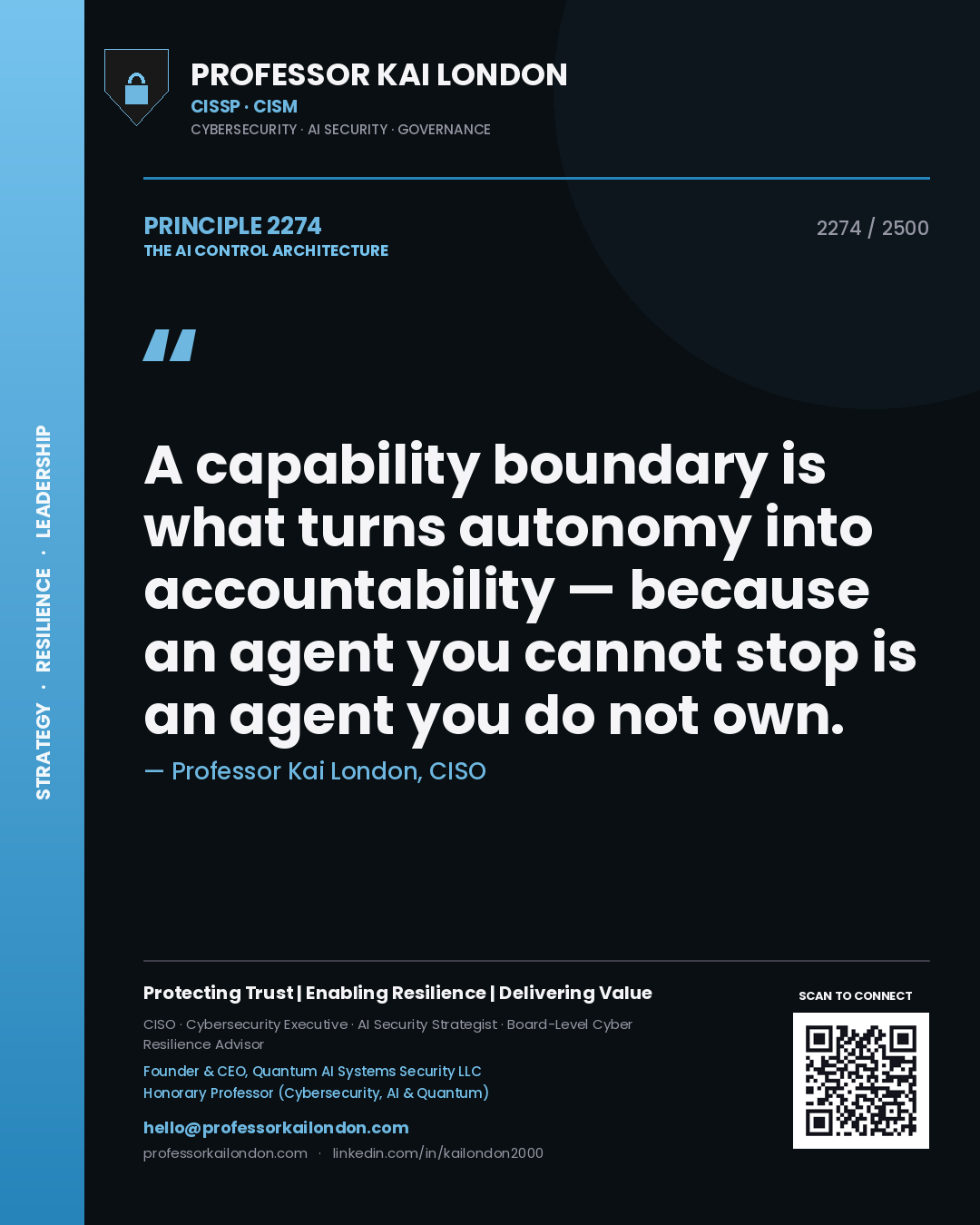 Quote card by Professor Kai London reading 'A capability boundary is what turns autonomy into accountability — because an agent you cannot stop is an agent you do not own.'. From the book The AI Control Architecture.