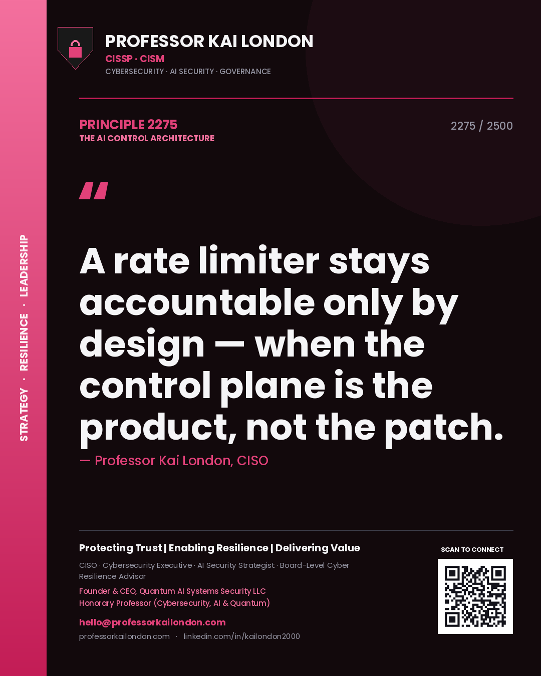 Quote card by Professor Kai London reading 'A rate limiter stays accountable only by design — when the control plane is the product, not the patch.'. From the book The AI Control Architecture.