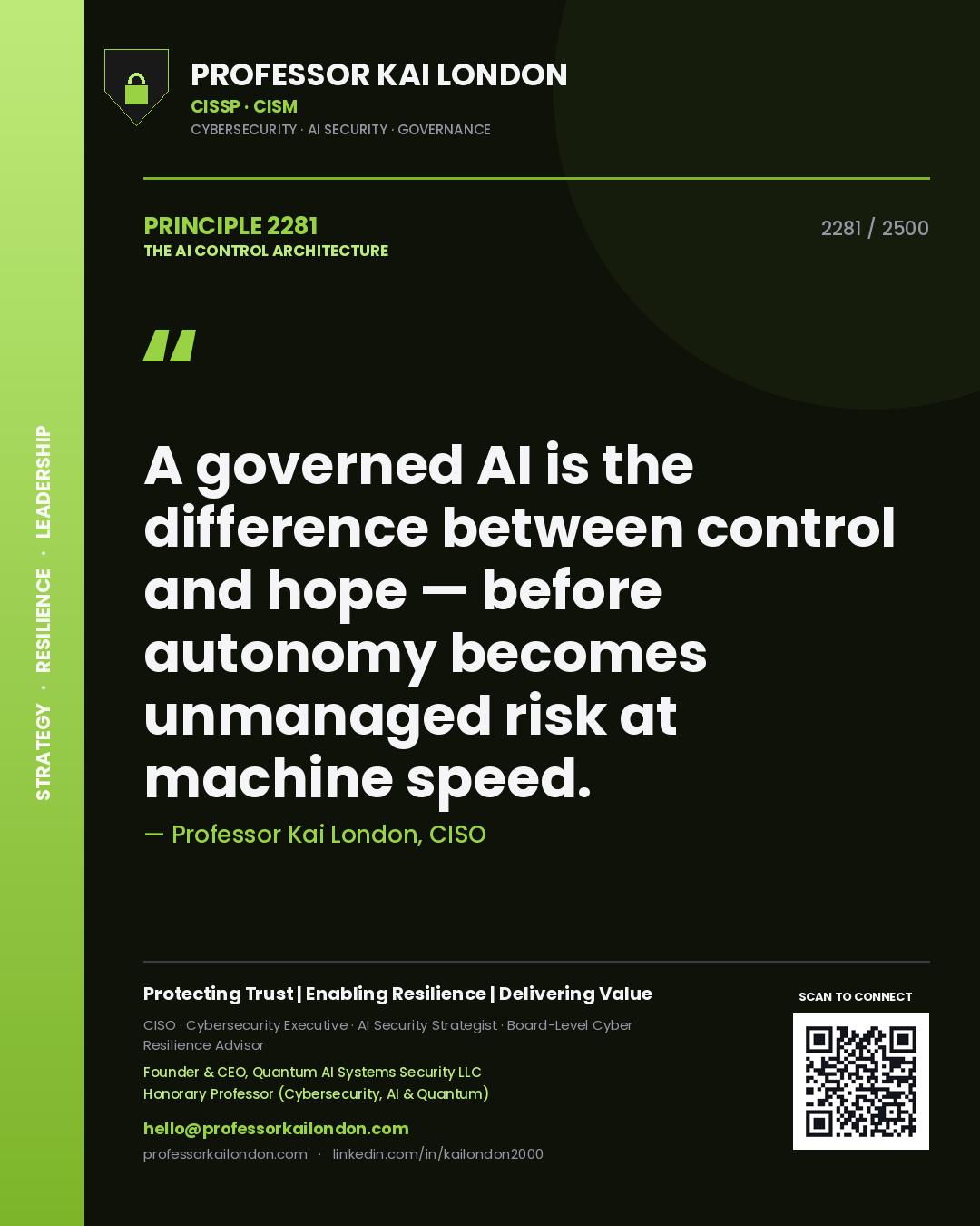 Quote card by Professor Kai London reading 'A governed AI is the difference between control and hope — before autonomy becomes unmanaged risk at machine speed.'. From the book The AI Control Architecture.