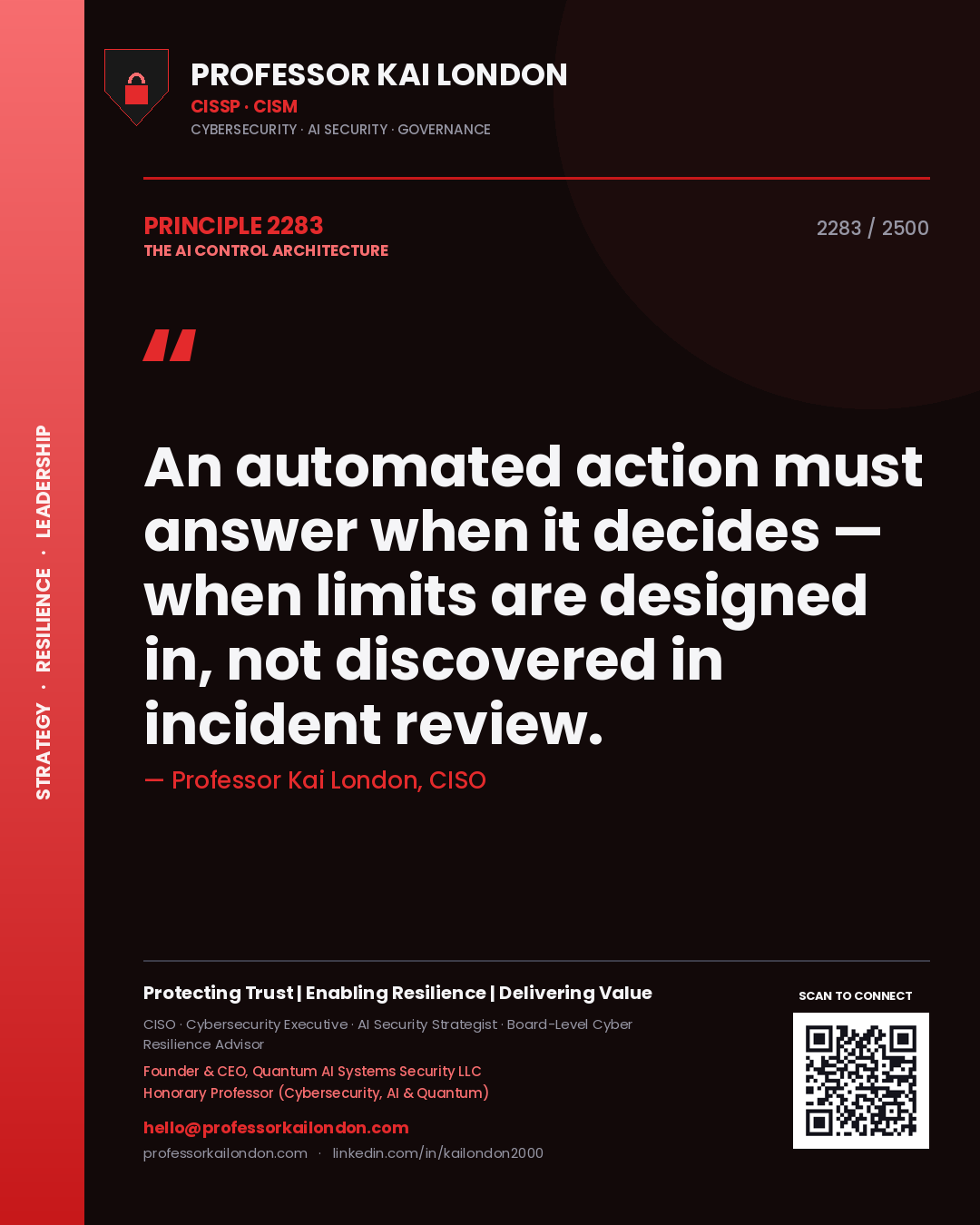 Quote card by Professor Kai London reading 'An automated action must answer when it decides — when limits are designed in, not discovered in incident review.'. From the book The AI Control Architecture.