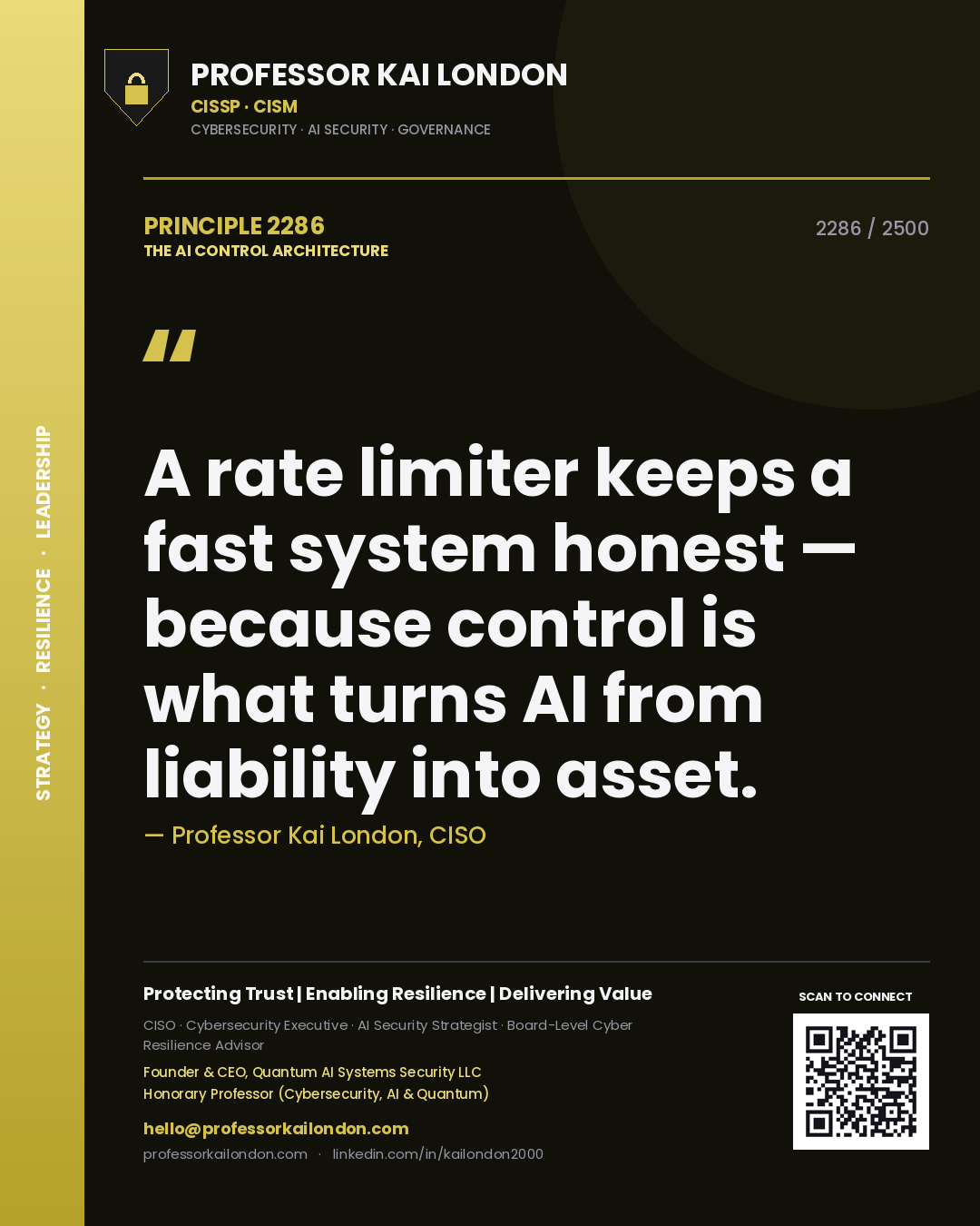 Quote card by Professor Kai London reading 'A rate limiter keeps a fast system honest — because control is what turns AI from liability into asset.'. From the book The AI Control Architecture.