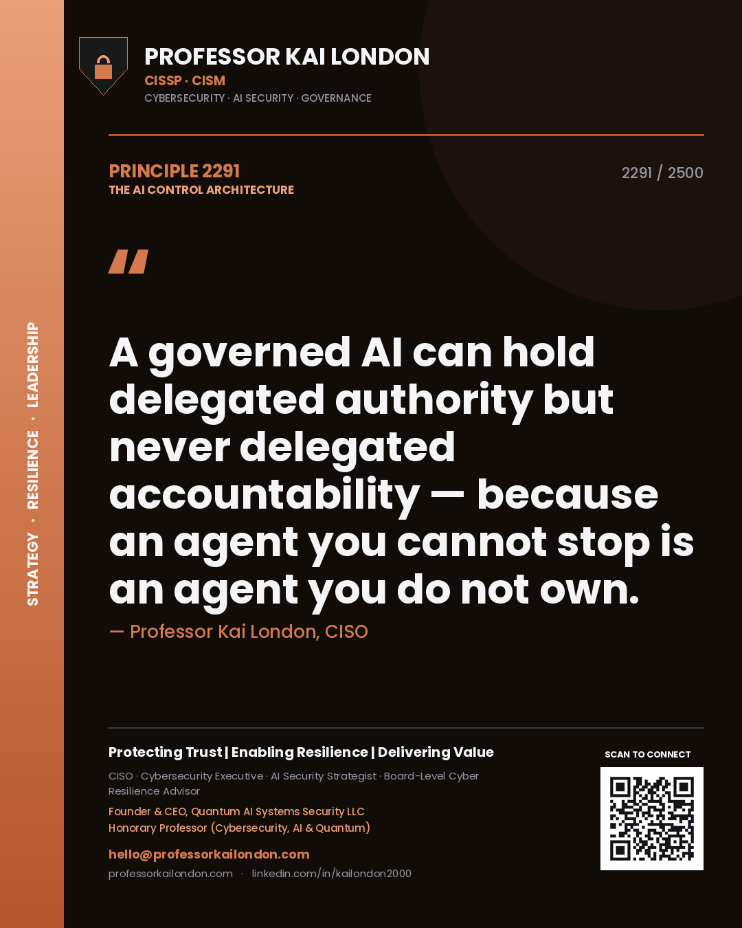Professor Kai London principle 2291: A governed AI can hold delegated authority but never delegated accountability — because an agent you cannot stop is an agent you do not own.