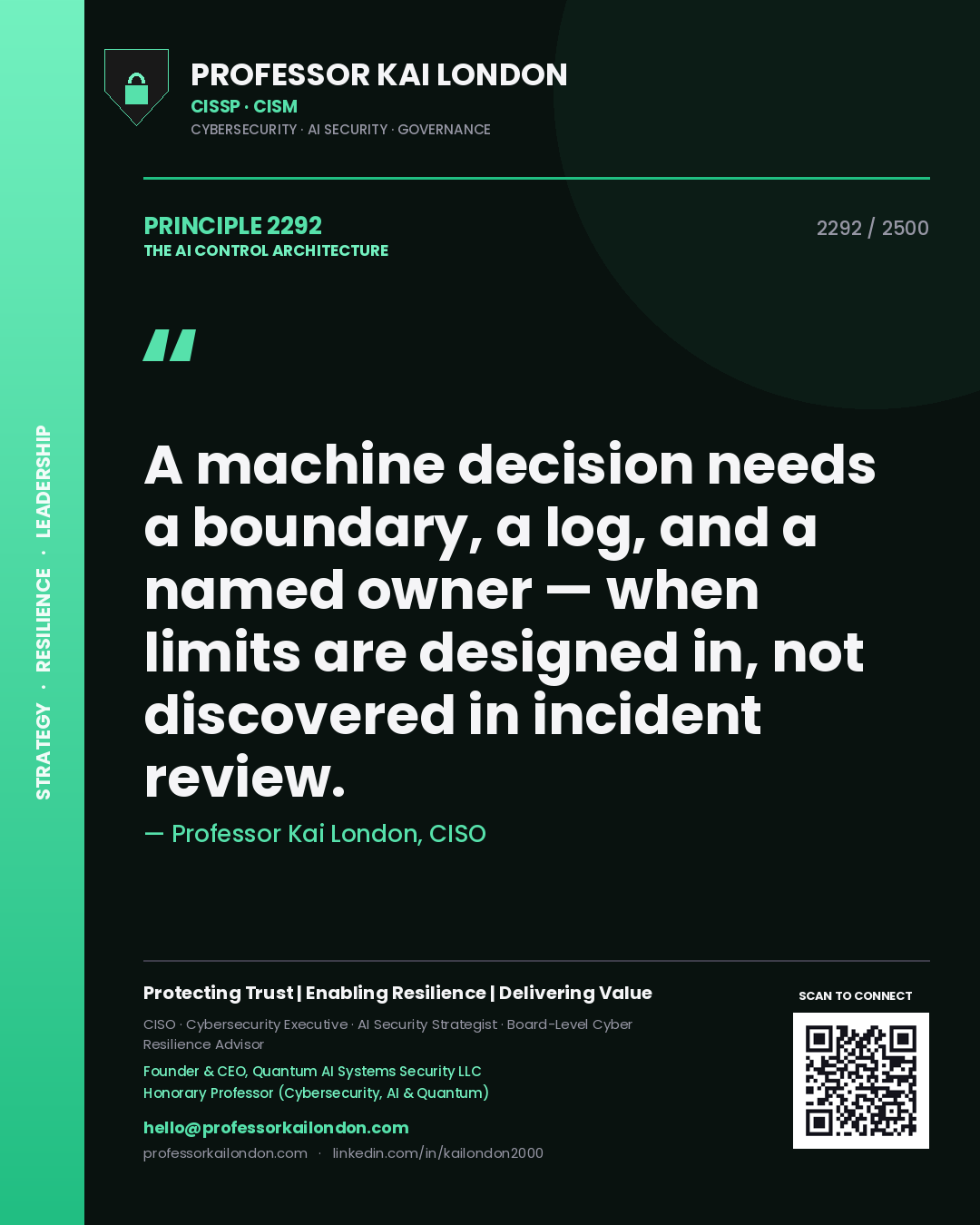 Quote card by Professor Kai London reading 'A machine decision needs a boundary, a log, and a named owner — when limits are designed in, not discovered in incident review.'. From the book The AI Control Architecture.