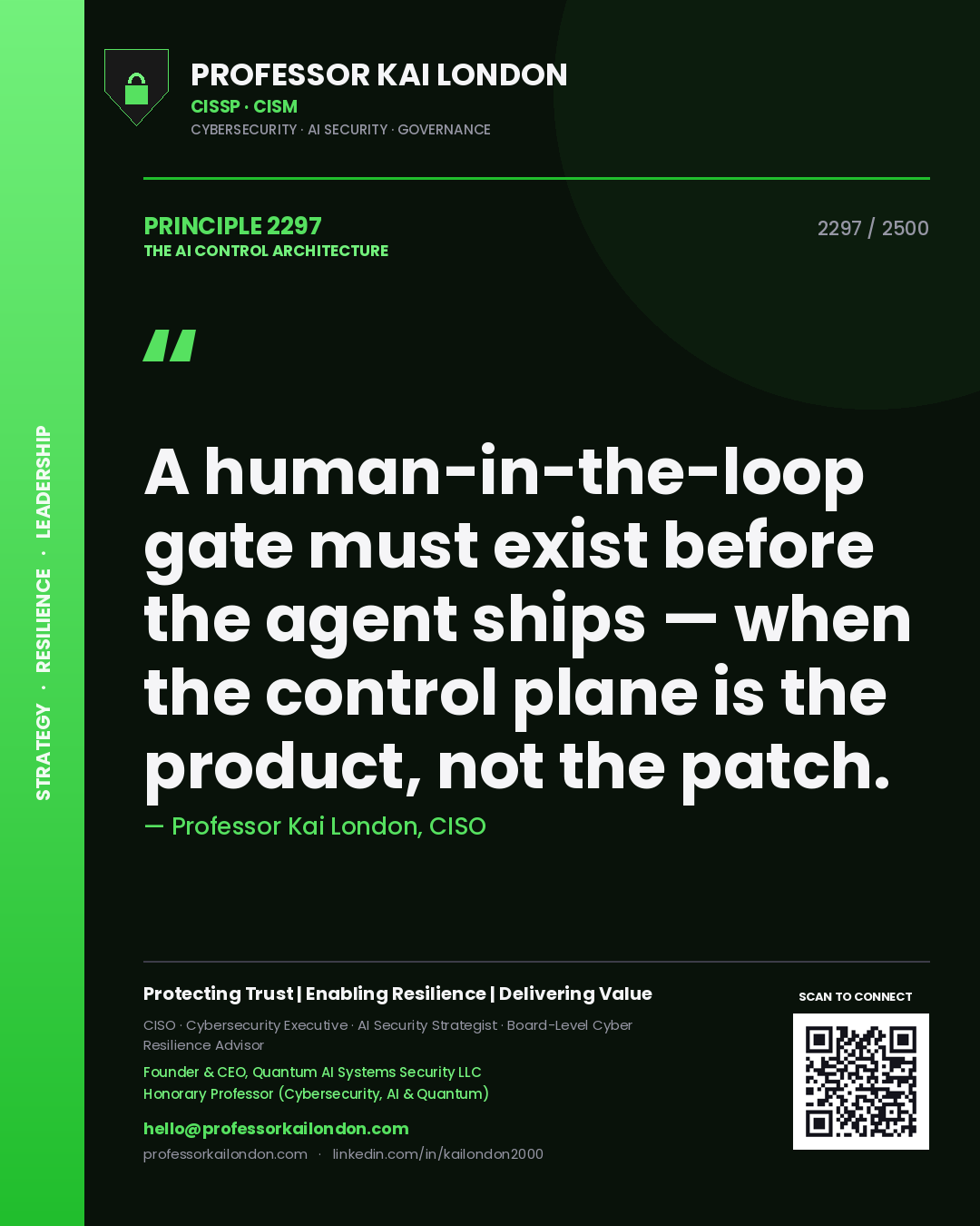 Quote card by Professor Kai London reading 'A human-in-the-loop gate must exist before the agent ships — when the control plane is the product, not the patch.'. From the book The AI Control Architecture.