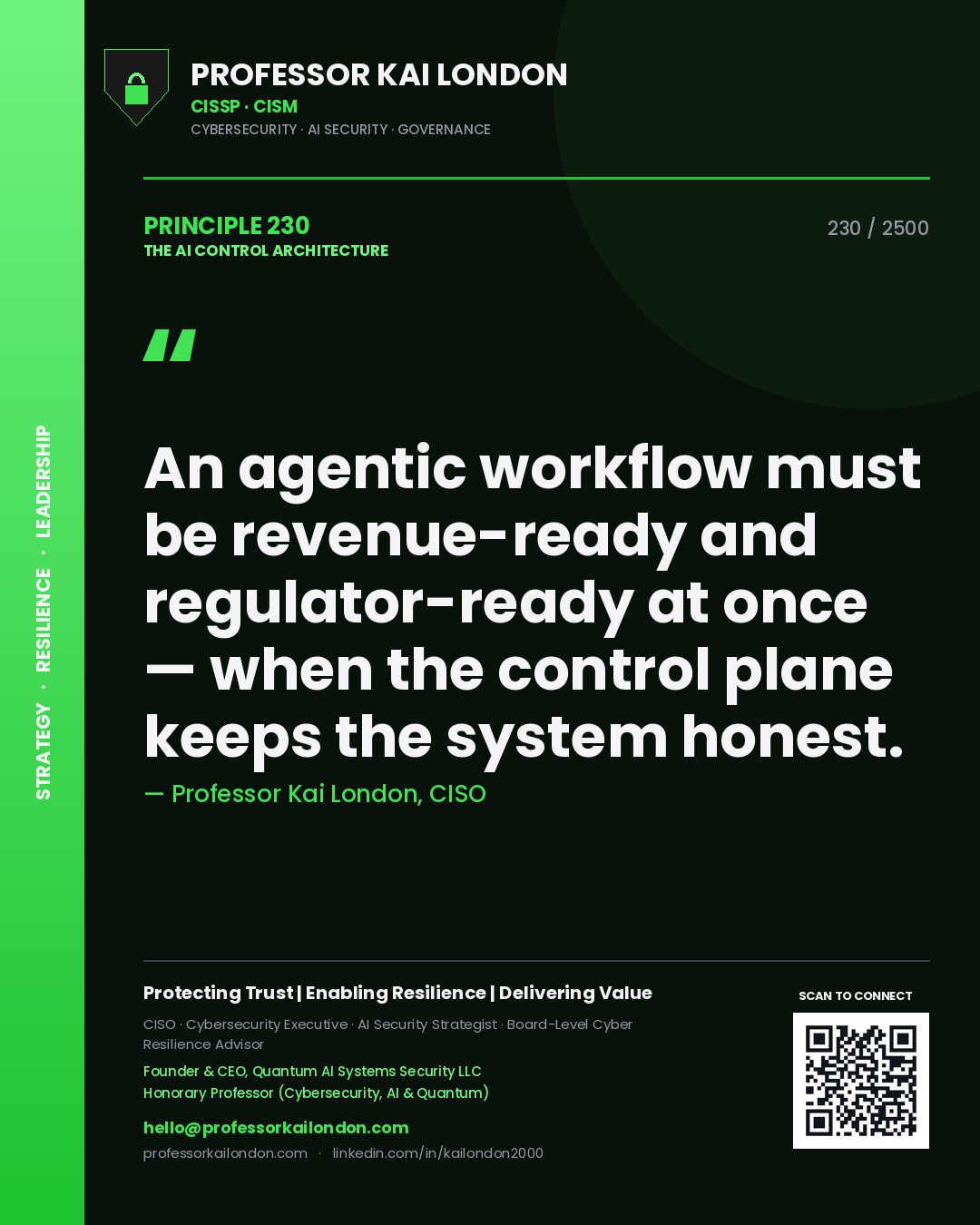 Professor Kai London principle 230: An agentic workflow must be revenue-ready and regulator-ready at once — when the control plane keeps the system honest.