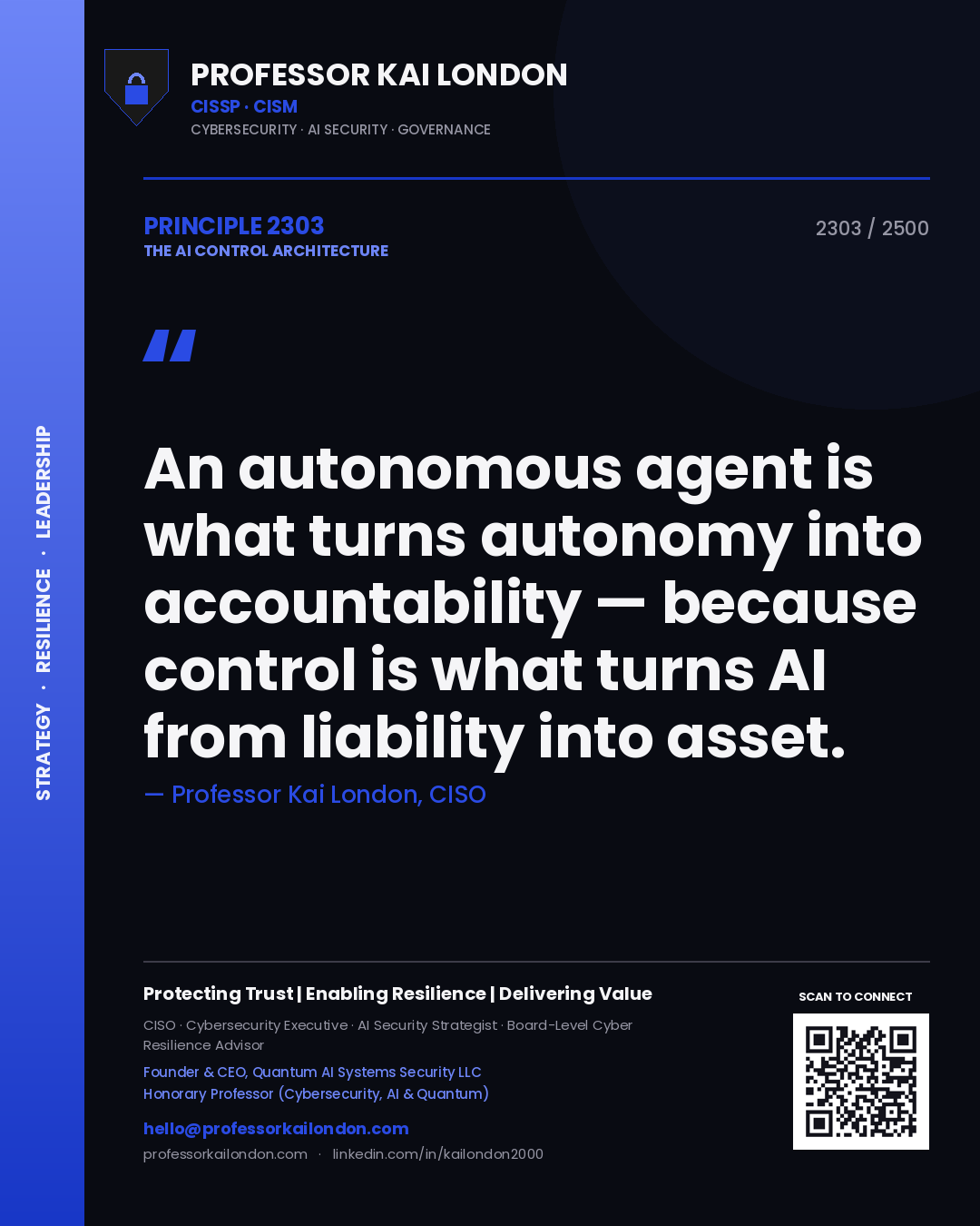 Quote card by Professor Kai London reading 'An autonomous agent is what turns autonomy into accountability — because control is what turns AI from liability into asset.'. From the book The AI Control Architecture.