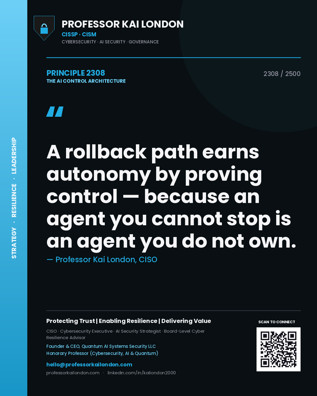 Quote card by Professor Kai London reading 'A rollback path earns autonomy by proving control — because an agent you cannot stop is an agent you do not own.'. From the book The AI Control Architecture.