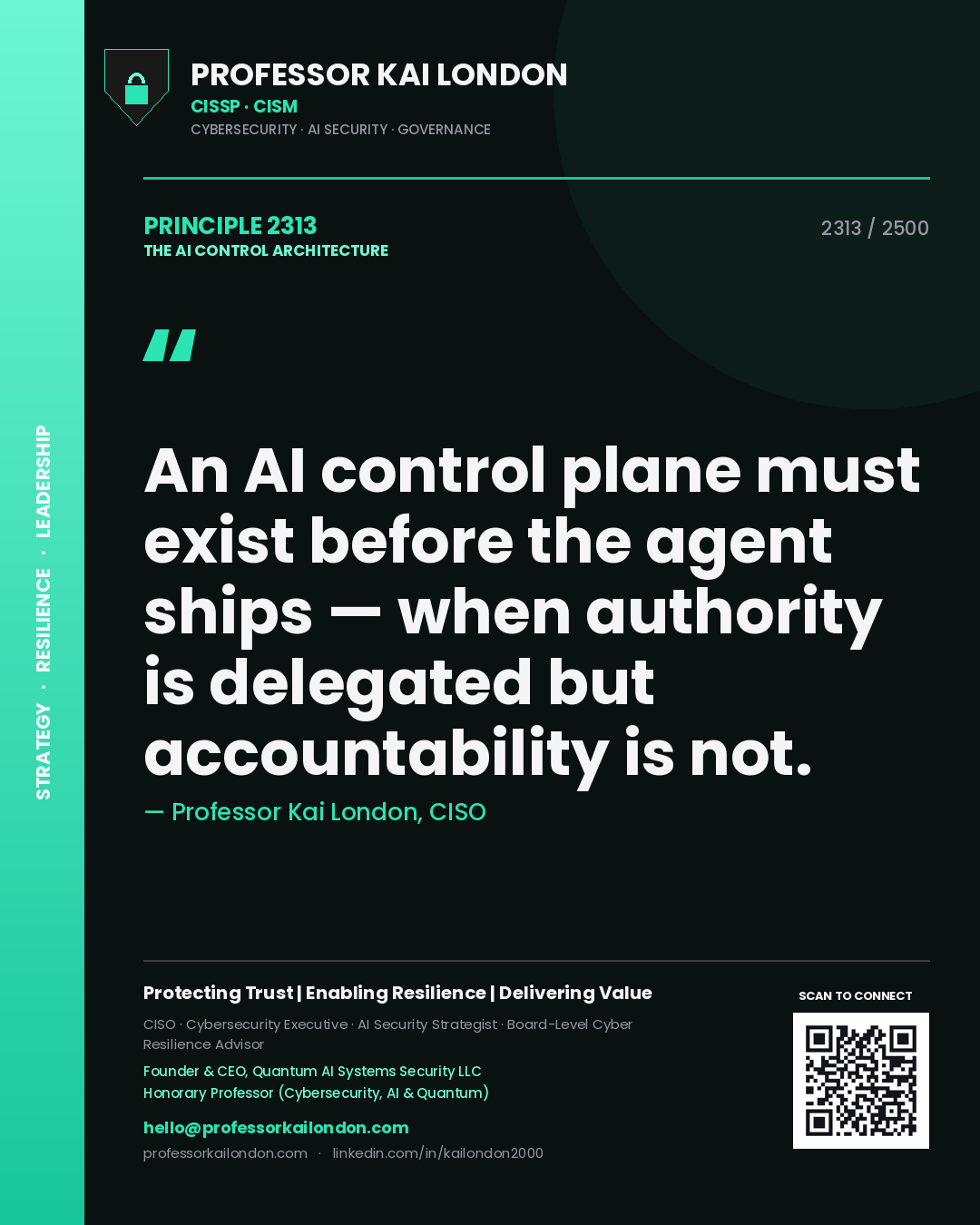 Professor Kai London principle 2313: An AI control plane must exist before the agent ships — when authority is delegated but accountability is not.