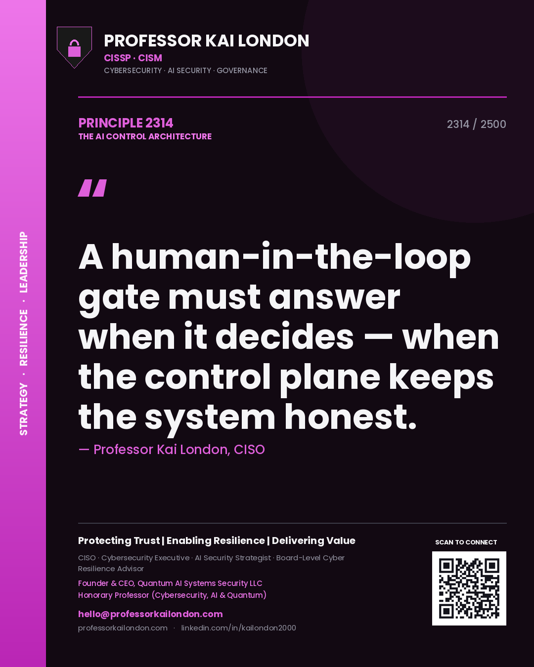 Professor Kai London principle 2314: A human-in-the-loop gate must answer when it decides — when the control plane keeps the system honest.