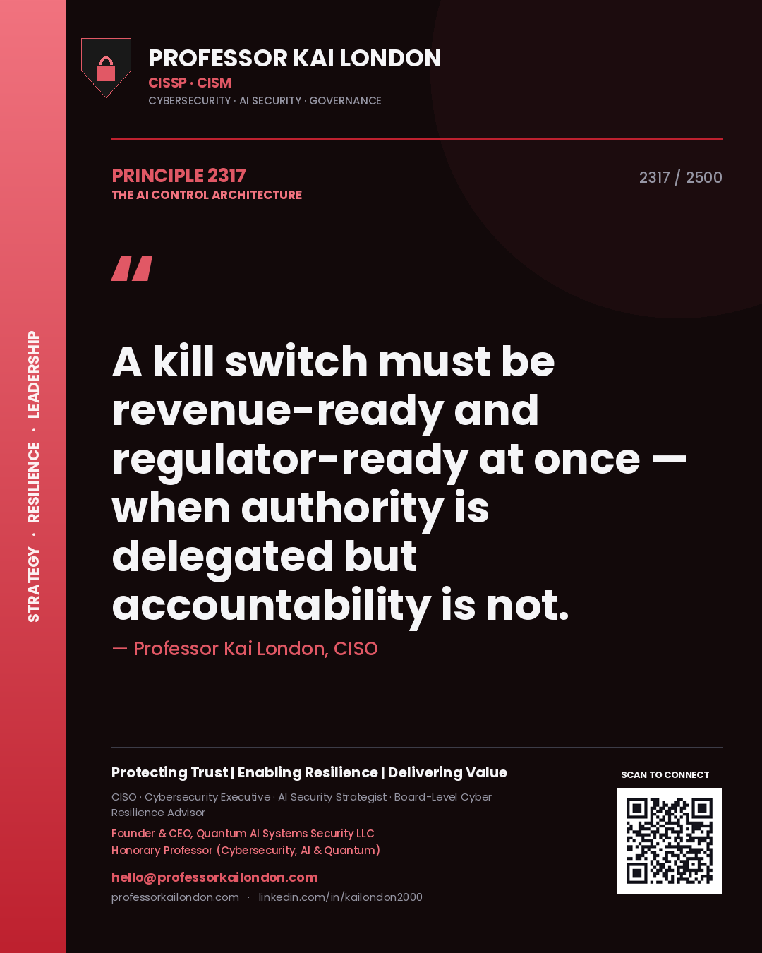 Quote card by Professor Kai London reading 'A kill switch must be revenue-ready and regulator-ready at once — when authority is delegated but accountability is not.'. From the book The AI Control Architecture.