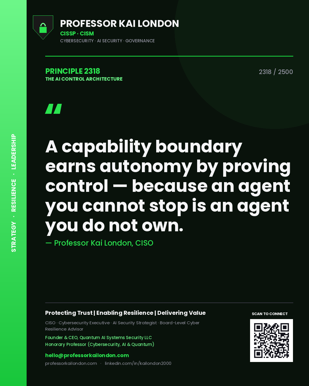 Professor Kai London principle 2318: A capability boundary earns autonomy by proving control — because an agent you cannot stop is an agent you do not own.