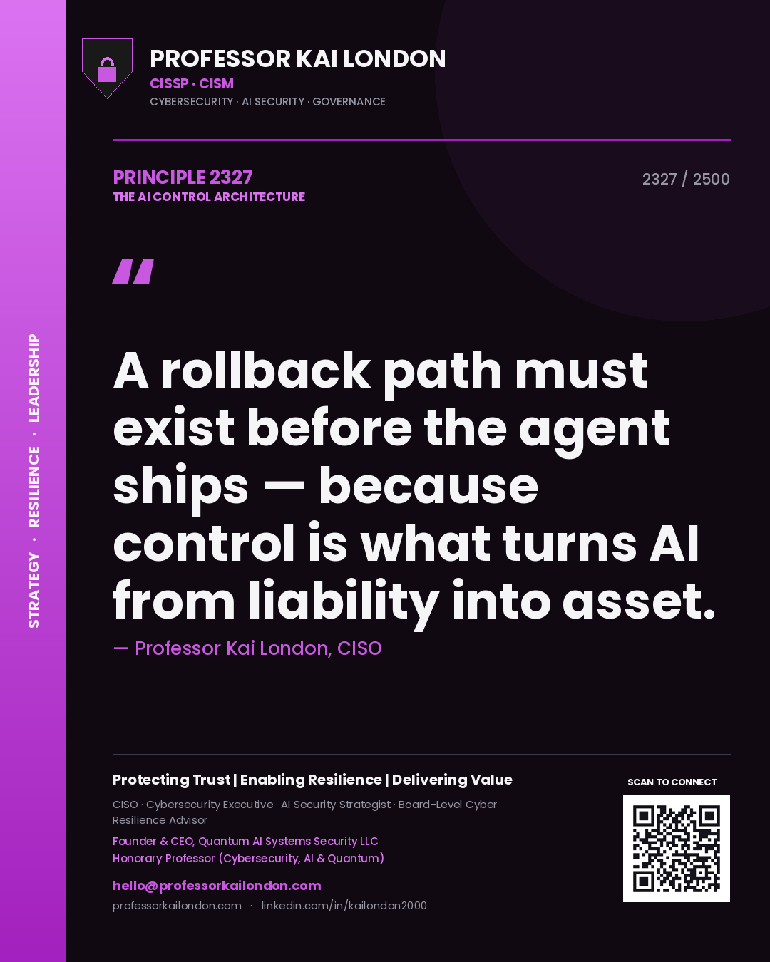 Quote card by Professor Kai London reading 'A rollback path must exist before the agent ships — because control is what turns AI from liability into asset.'. From the book The AI Control Architecture.