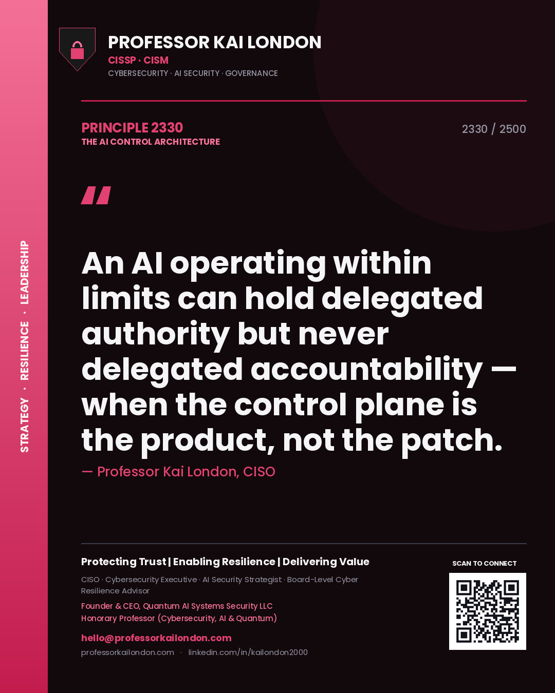 Professor Kai London principle 2330: An AI operating within limits can hold delegated authority but never delegated accountability — when the control plane is the product, not the patch.