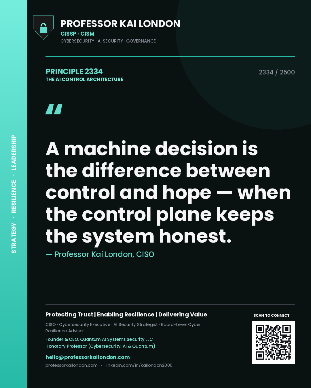 Professor Kai London principle 2334: A machine decision is the difference between control and hope — when the control plane keeps the system honest.