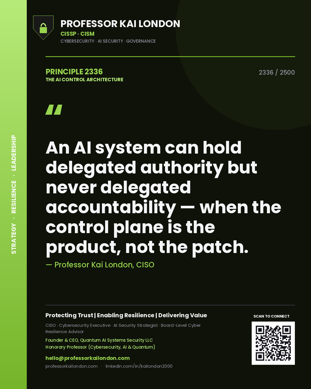 Quote card by Professor Kai London reading 'An AI system can hold delegated authority but never delegated accountability — when the control plane is the product, not the patch.'. From the book The AI Control Architecture.