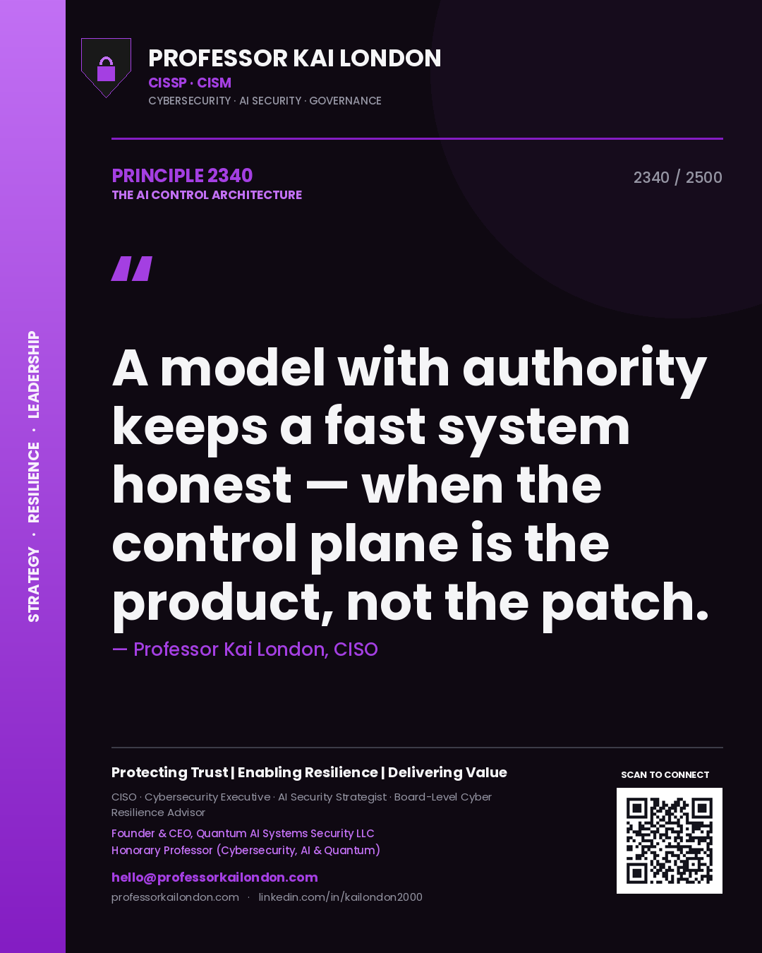 Quote card by Professor Kai London reading 'A model with authority keeps a fast system honest — when the control plane is the product, not the patch.'. From the book The AI Control Architecture.