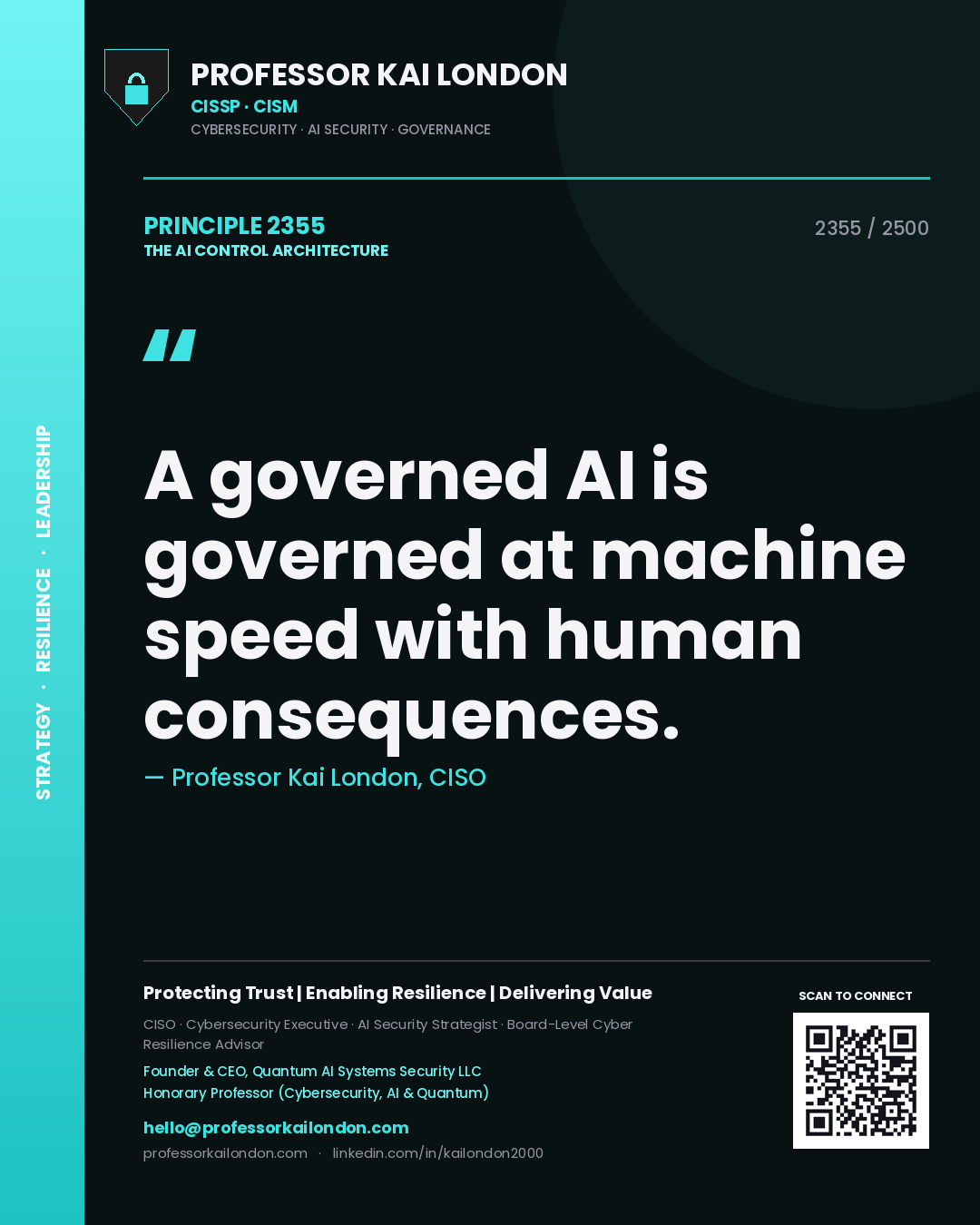 Quote card by Professor Kai London reading 'A governed AI is governed at machine speed with human consequences.'. From the book The AI Control Architecture.