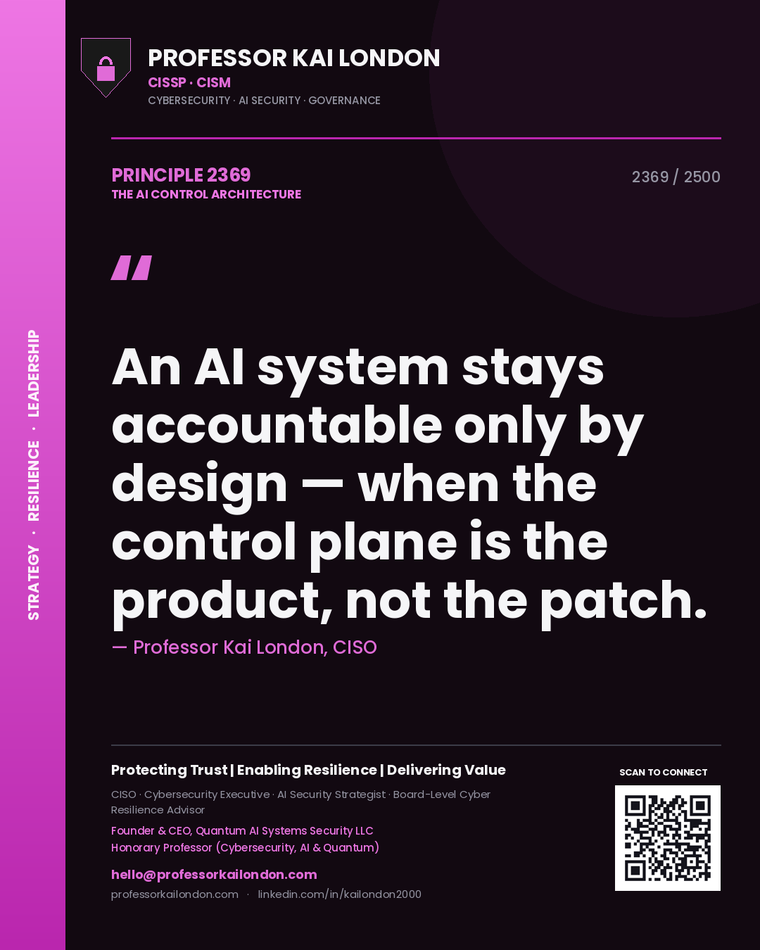 Quote card by Professor Kai London reading 'An AI system stays accountable only by design — when the control plane is the product, not the patch.'. From the book The AI Control Architecture.
