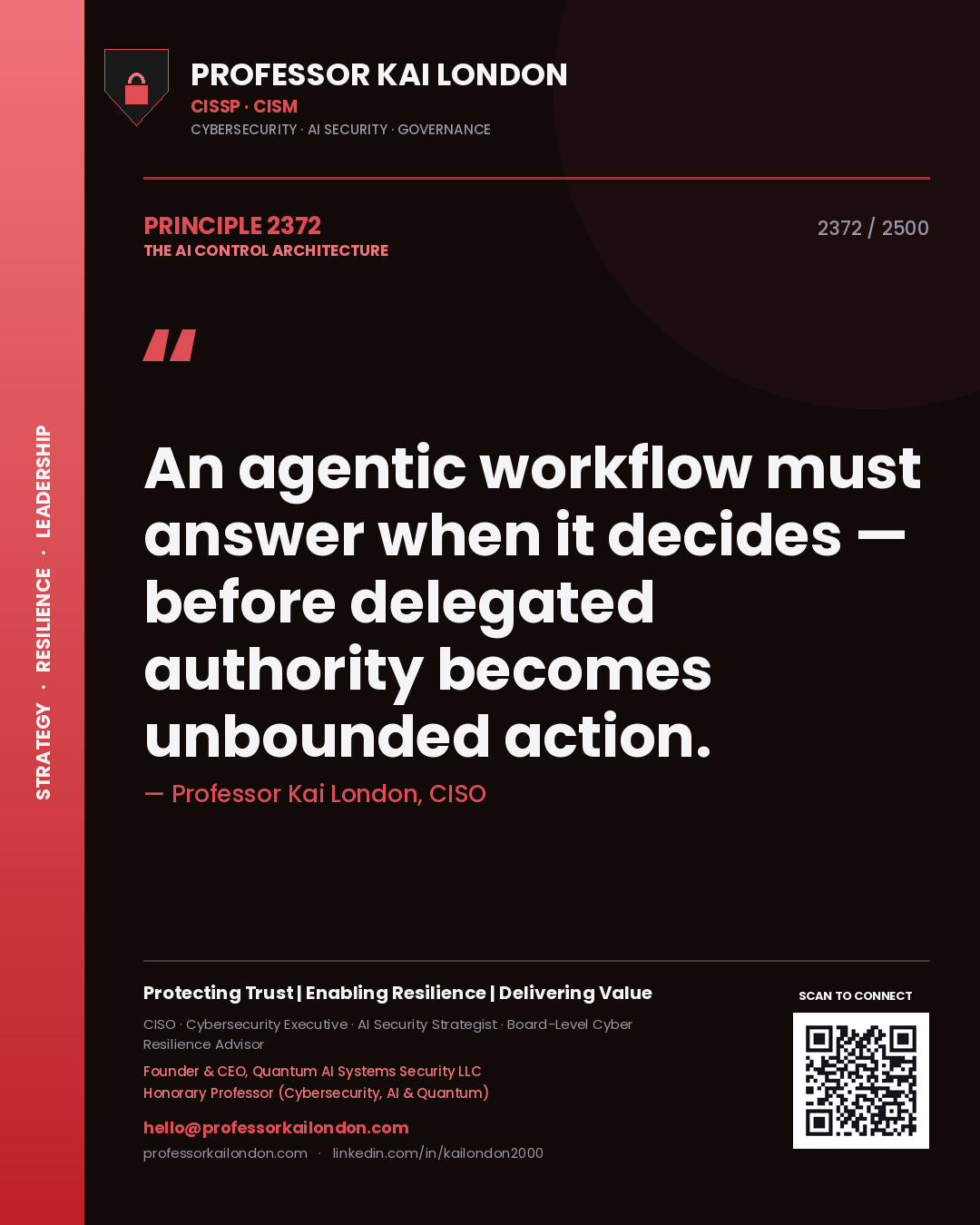 Quote card by Professor Kai London reading 'An agentic workflow must answer when it decides — before delegated authority becomes unbounded action.'. From the book The AI Control Architecture.