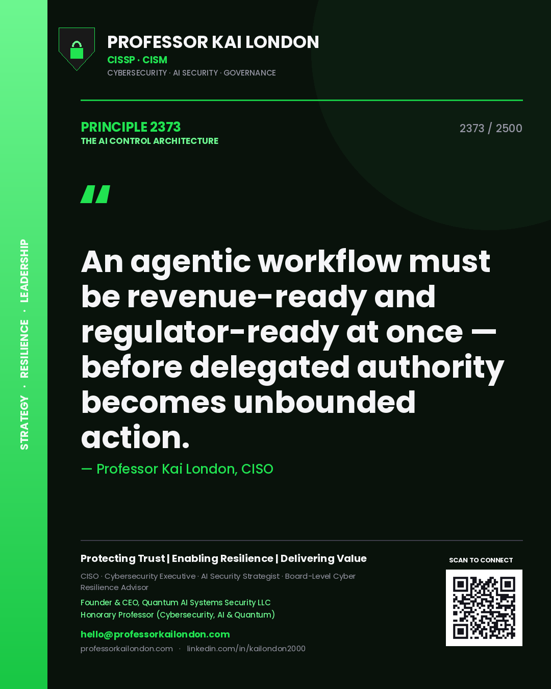Quote card by Professor Kai London reading 'An agentic workflow must be revenue-ready and regulator-ready at once — before delegated authority becomes unbounded action.'. From the book The AI Control Architecture.