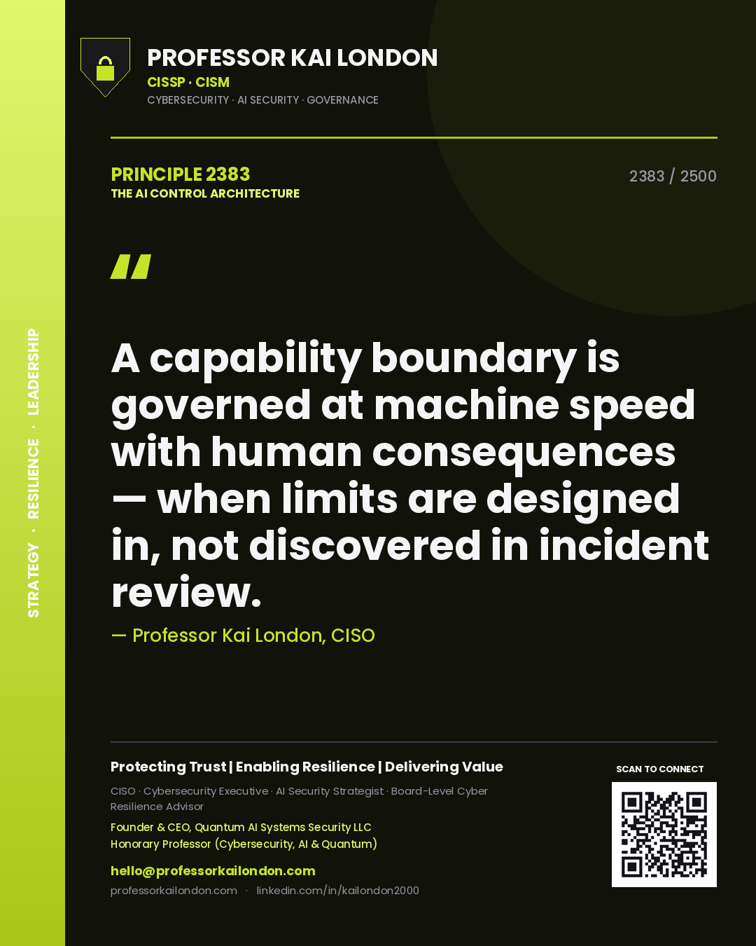 Quote card by Professor Kai London reading 'A capability boundary is governed at machine speed with human consequences — when limits are designed in, not discovered in incident review.'. From the book The AI Control Architecture.