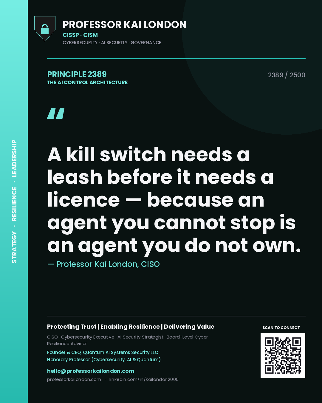 Quote card by Professor Kai London reading 'A kill switch needs a leash before it needs a licence — because an agent you cannot stop is an agent you do not own.'. From the book The AI Control Architecture.
