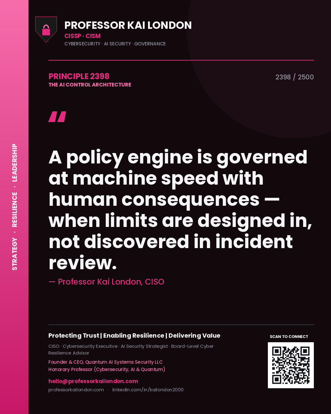 Professor Kai London principle 2398: A policy engine is governed at machine speed with human consequences — when limits are designed in, not discovered in incident review.