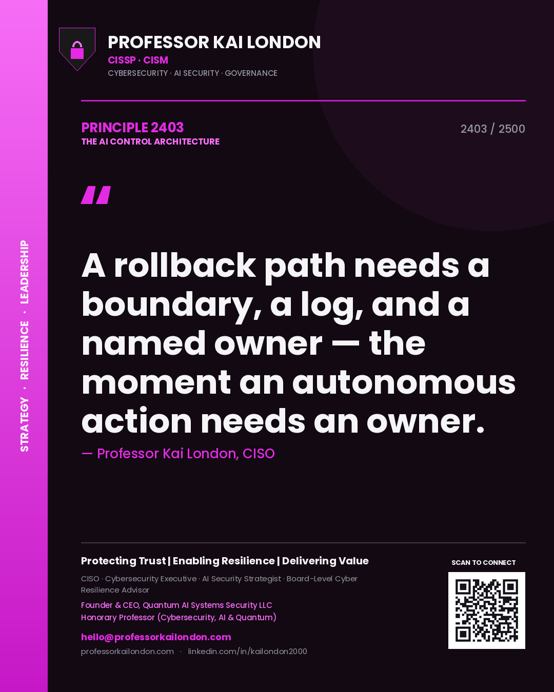 Quote card by Professor Kai London reading 'A rollback path needs a boundary, a log, and a named owner — the moment an autonomous action needs an owner.'. From the book The AI Control Architecture.