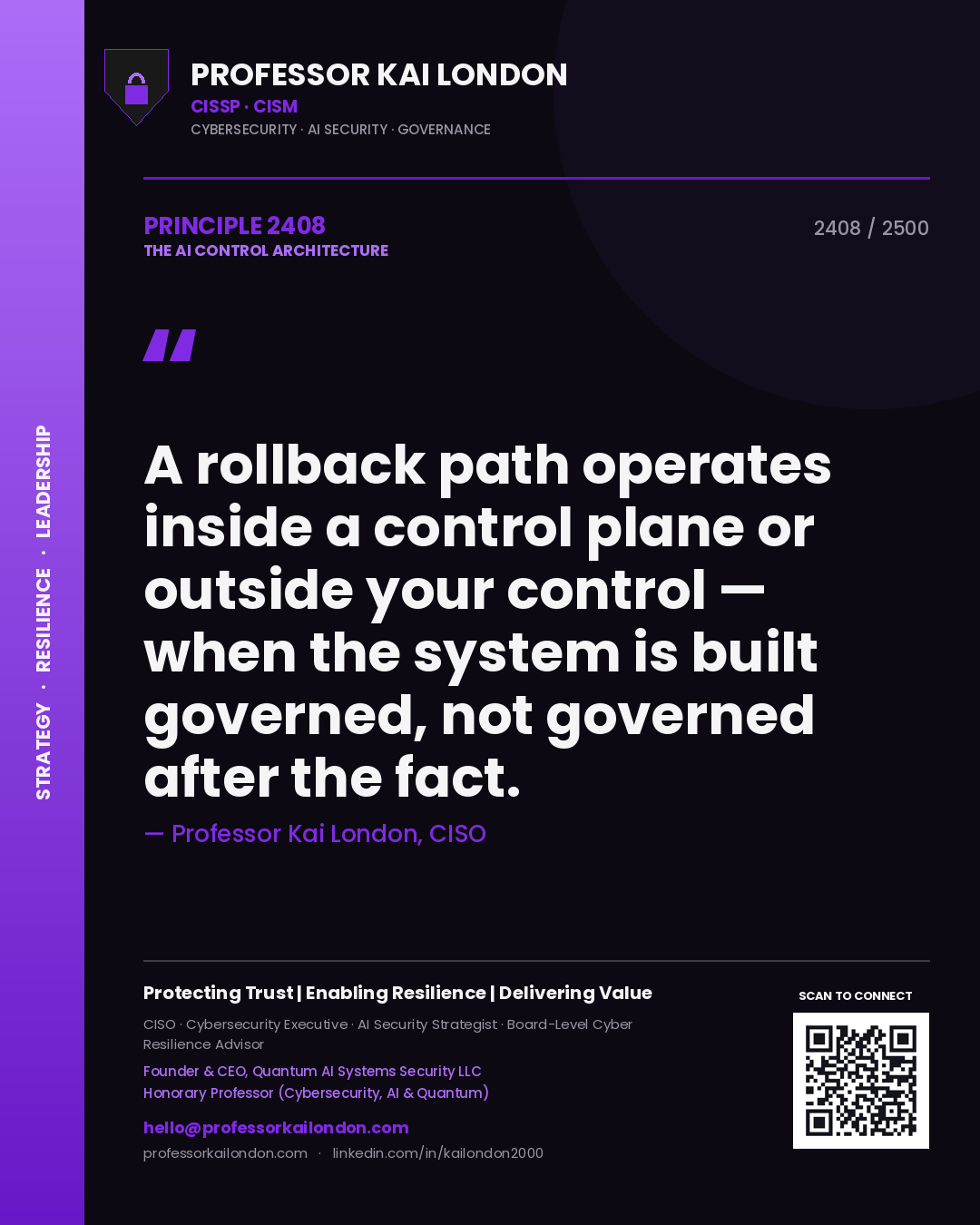 Quote card by Professor Kai London reading 'A rollback path operates inside a control plane or outside your control — when the system is built governed, not governed after the fact.'. From the book The AI Control Architecture.