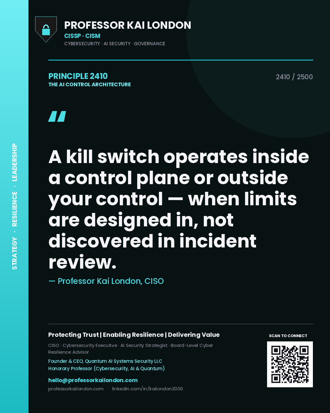 Quote card by Professor Kai London reading 'A kill switch operates inside a control plane or outside your control — when limits are designed in, not discovered in incident review.'. From the book The AI Control Architecture.