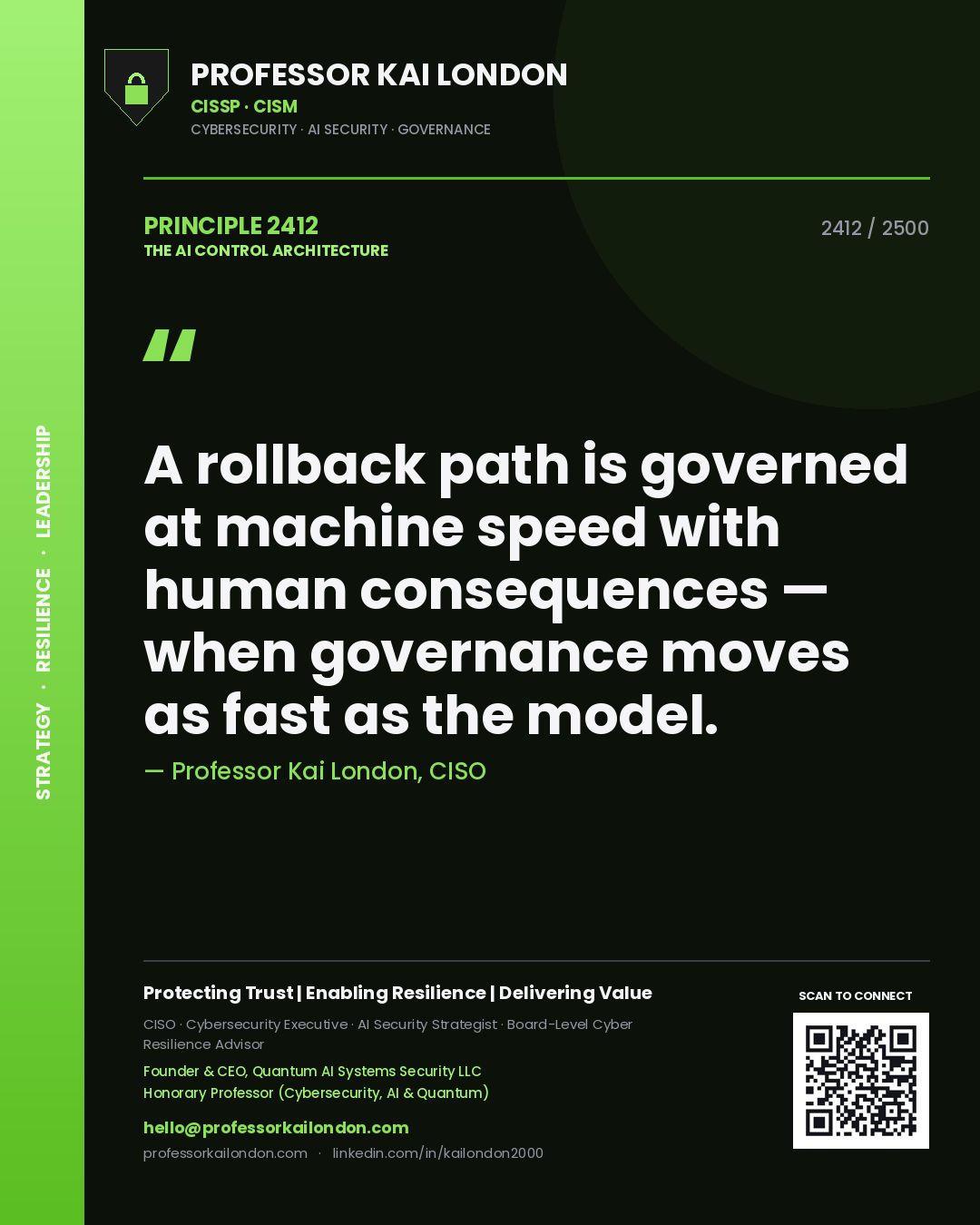 Professor Kai London principle 2412: A rollback path is governed at machine speed with human consequences — when governance moves as fast as the model.