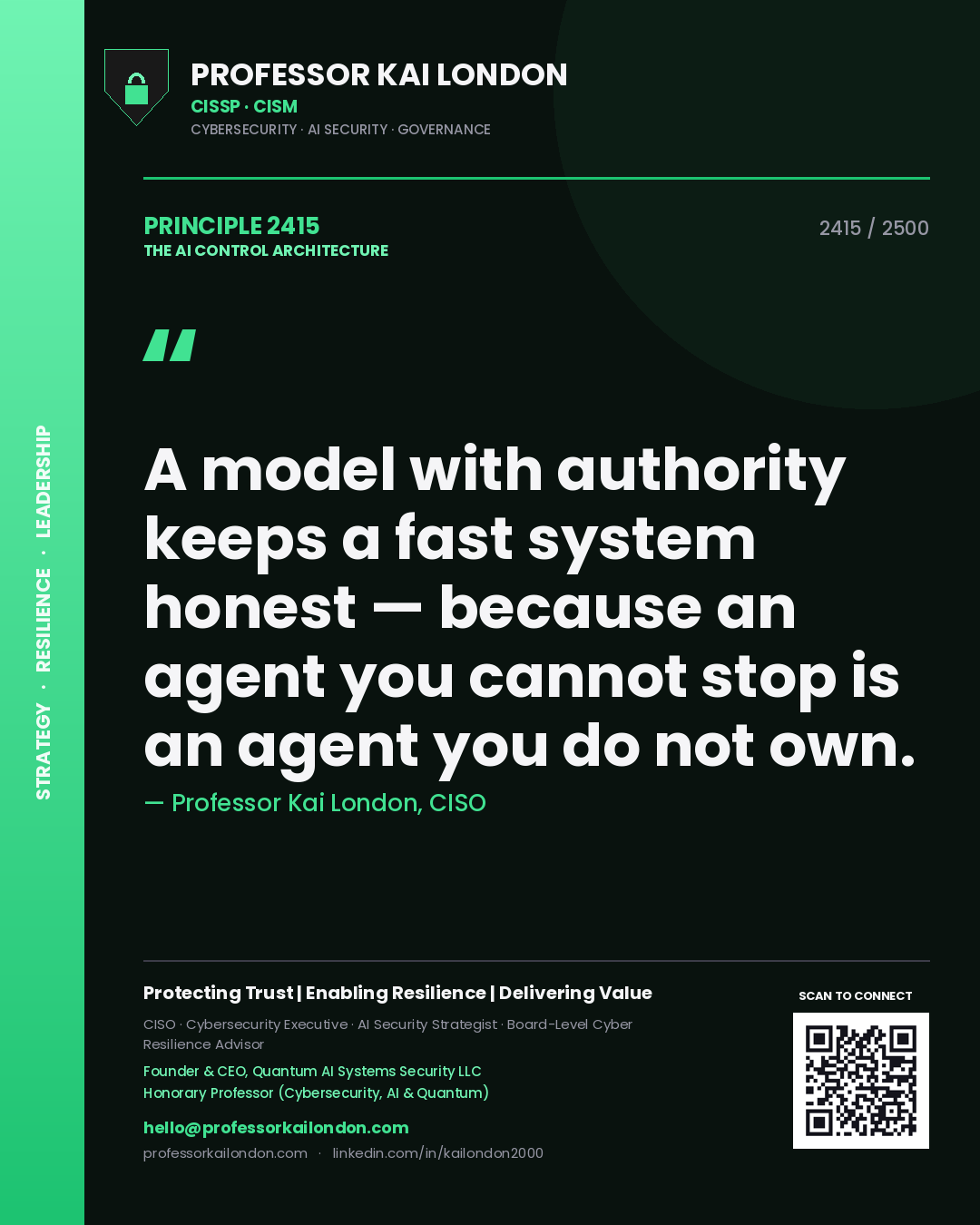 Quote card by Professor Kai London reading 'A model with authority keeps a fast system honest — because an agent you cannot stop is an agent you do not own.'. From the book The AI Control Architecture.
