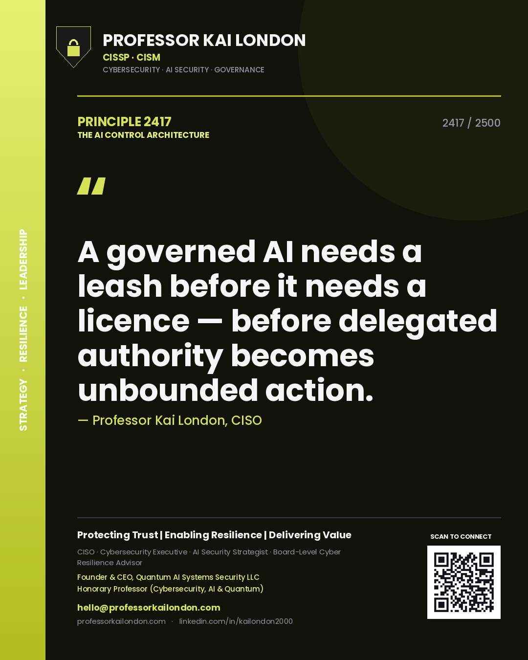 Professor Kai London principle 2417: A governed AI needs a leash before it needs a licence — before delegated authority becomes unbounded action.