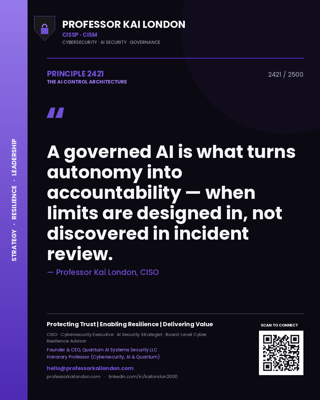 Professor Kai London principle 2421: A governed AI is what turns autonomy into accountability — when limits are designed in, not discovered in incident review.