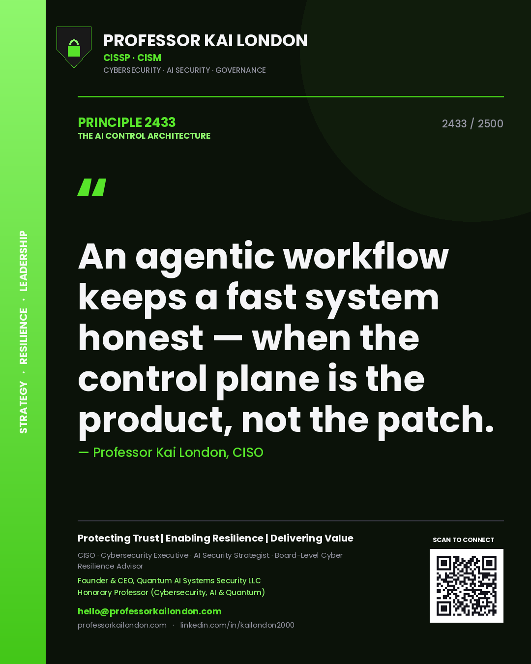 Professor Kai London principle 2433: An agentic workflow keeps a fast system honest — when the control plane is the product, not the patch.