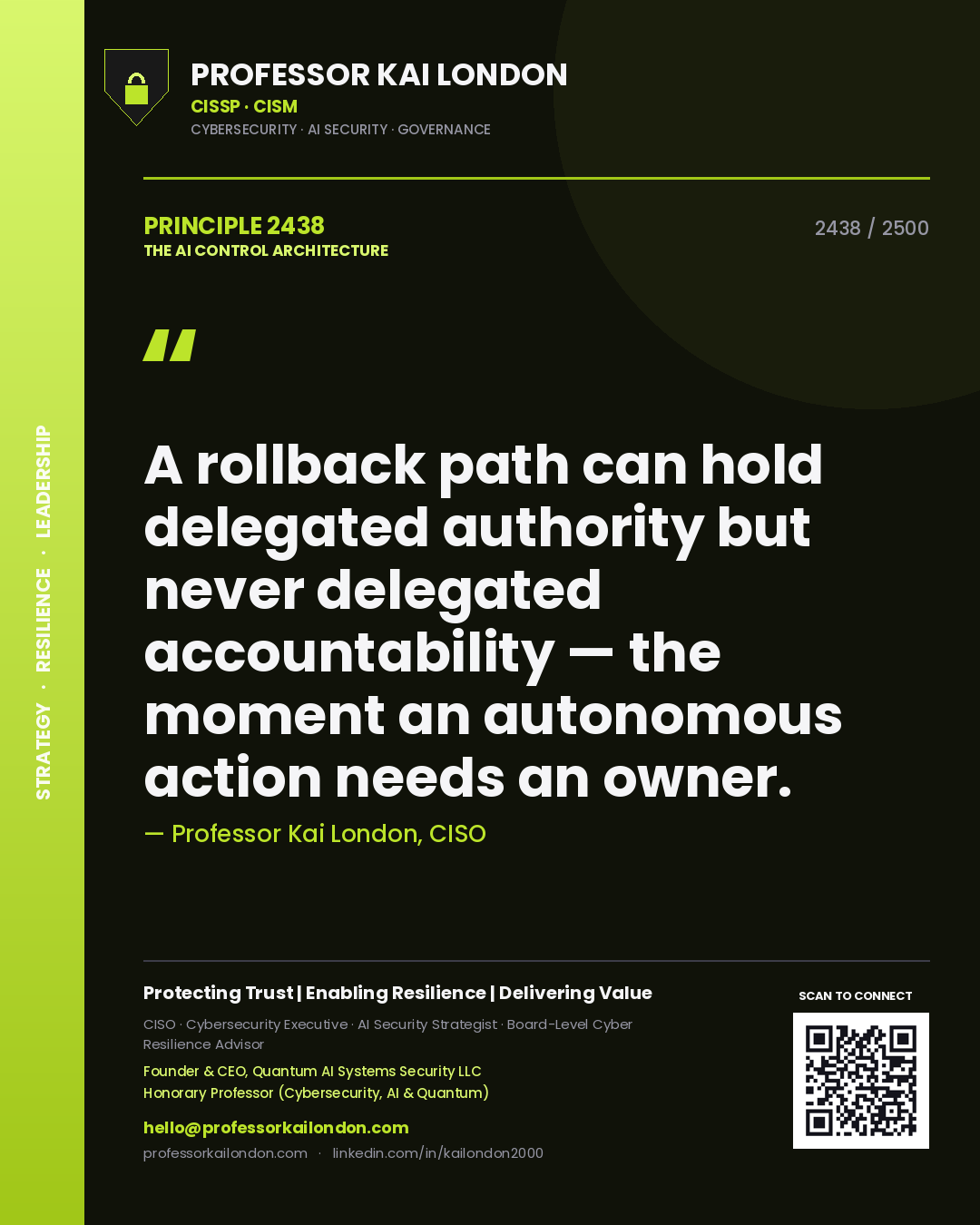 Quote card by Professor Kai London reading 'A rollback path can hold delegated authority but never delegated accountability — the moment an autonomous action needs an owner.'. From the book The AI Control Architecture.