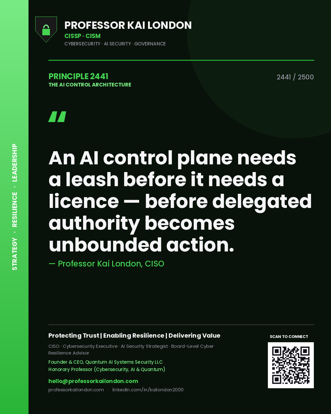 Professor Kai London principle 2441: An AI control plane needs a leash before it needs a licence — before delegated authority becomes unbounded action.