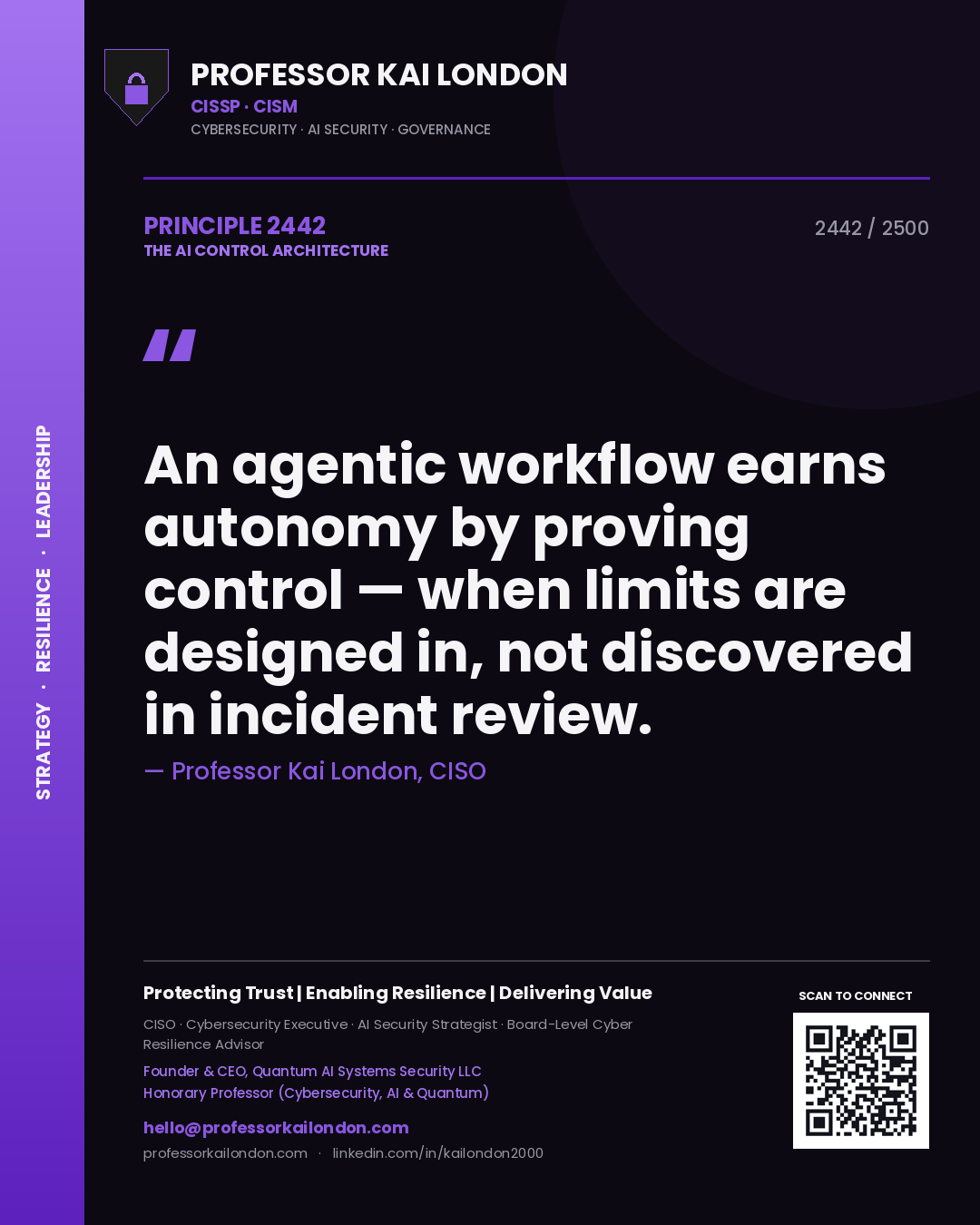 Quote card by Professor Kai London reading 'An agentic workflow earns autonomy by proving control — when limits are designed in, not discovered in incident review.'. From the book The AI Control Architecture.