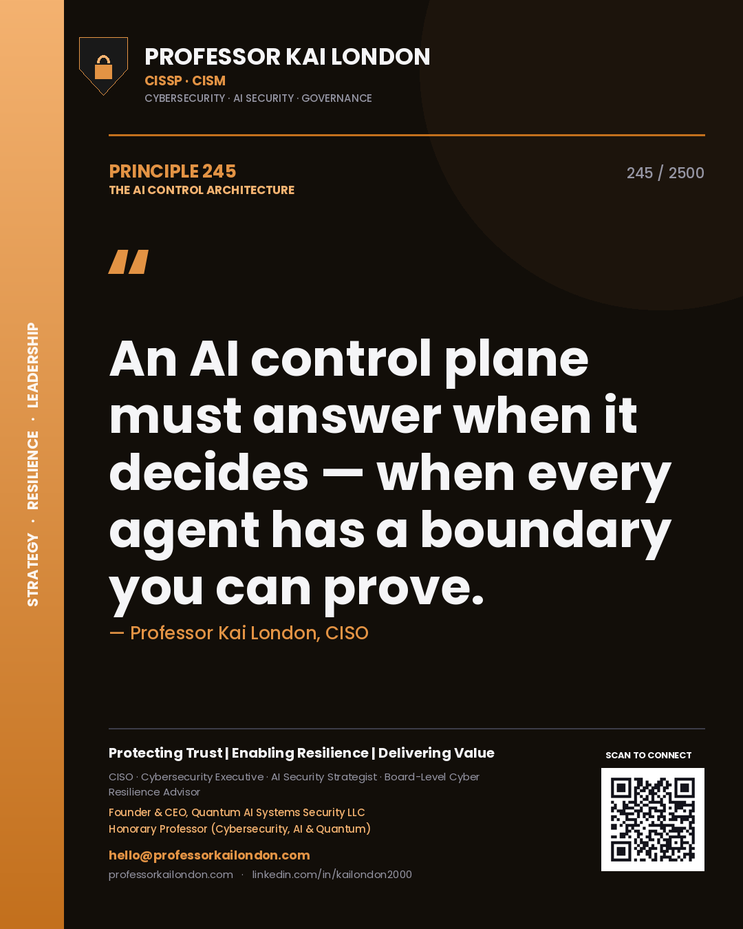 Quote card by Professor Kai London reading 'An AI control plane must answer when it decides — when every agent has a boundary you can prove.'. From the book The AI Control Architecture.