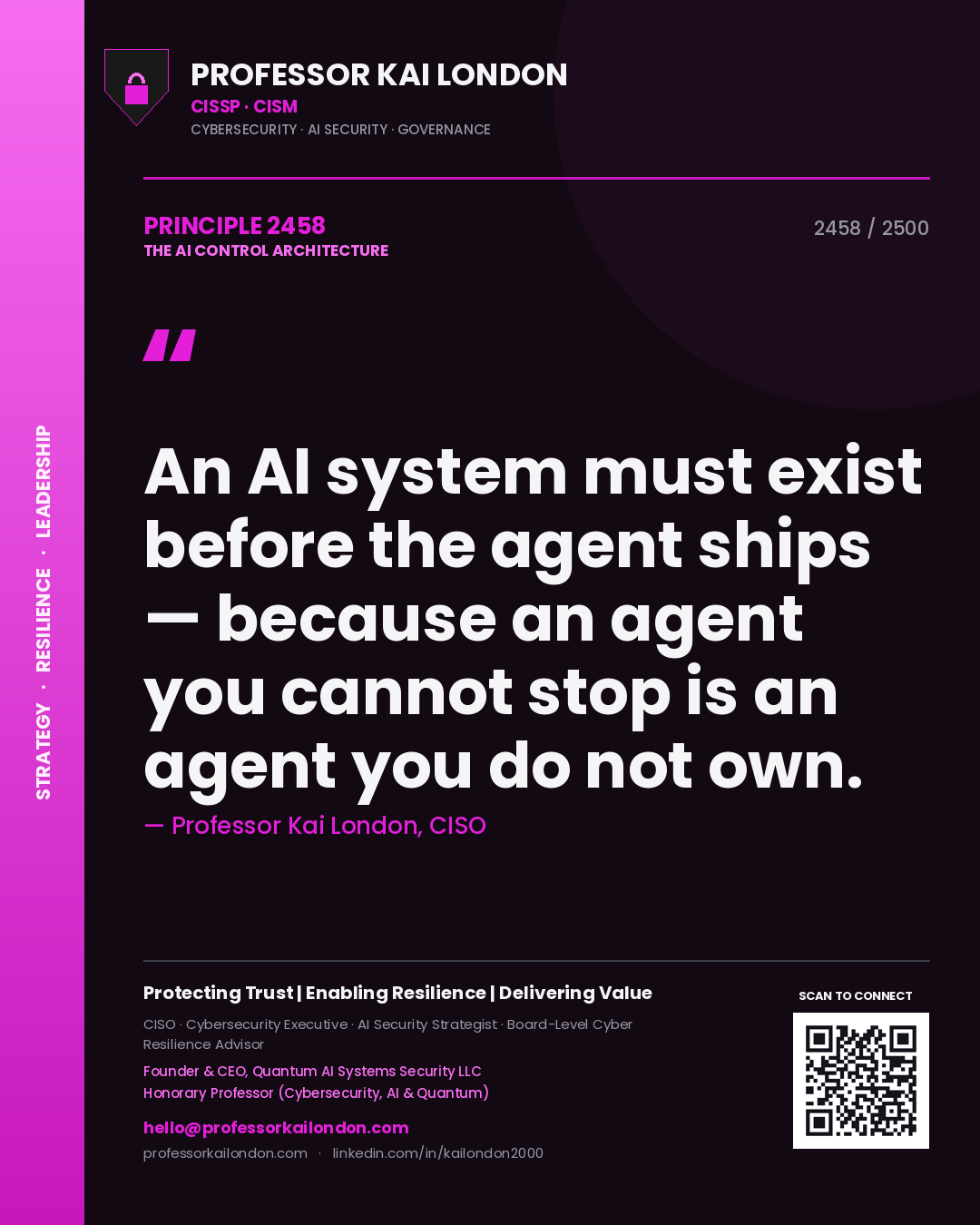 Professor Kai London principle 2458: An AI system must exist before the agent ships — because an agent you cannot stop is an agent you do not own.