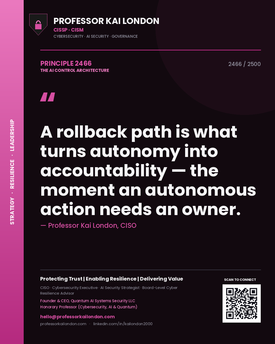 Quote card by Professor Kai London reading 'A rollback path is what turns autonomy into accountability — the moment an autonomous action needs an owner.'. From the book The AI Control Architecture.