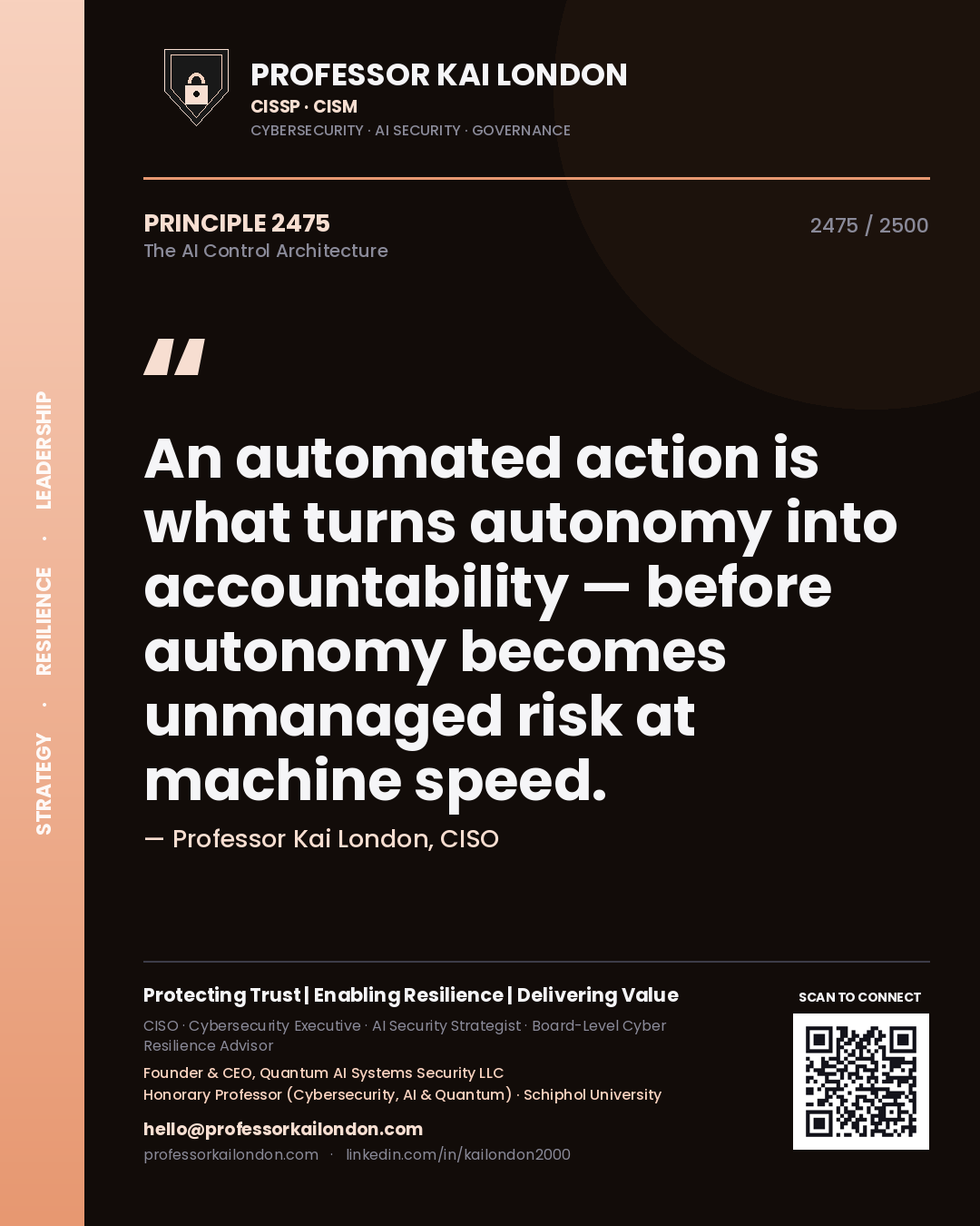 Quote card by Professor Kai London reading 'An automated action is what turns autonomy into accountability — before autonomy becomes unmanaged risk at machine speed.'. From the book The AI Control Architecture.