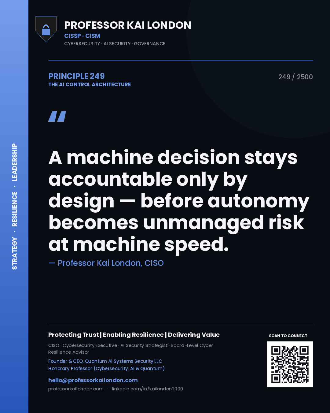 Quote card by Professor Kai London reading 'A machine decision stays accountable only by design — before autonomy becomes unmanaged risk at machine speed.'. From the book The AI Control Architecture.