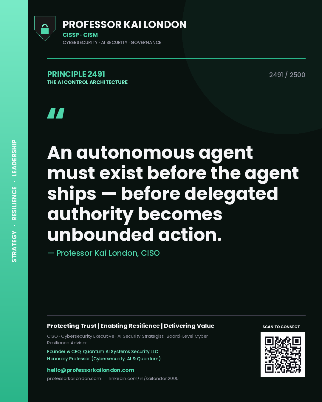 Quote card by Professor Kai London reading 'An autonomous agent must exist before the agent ships — before delegated authority becomes unbounded action.'. From the book The AI Control Architecture.