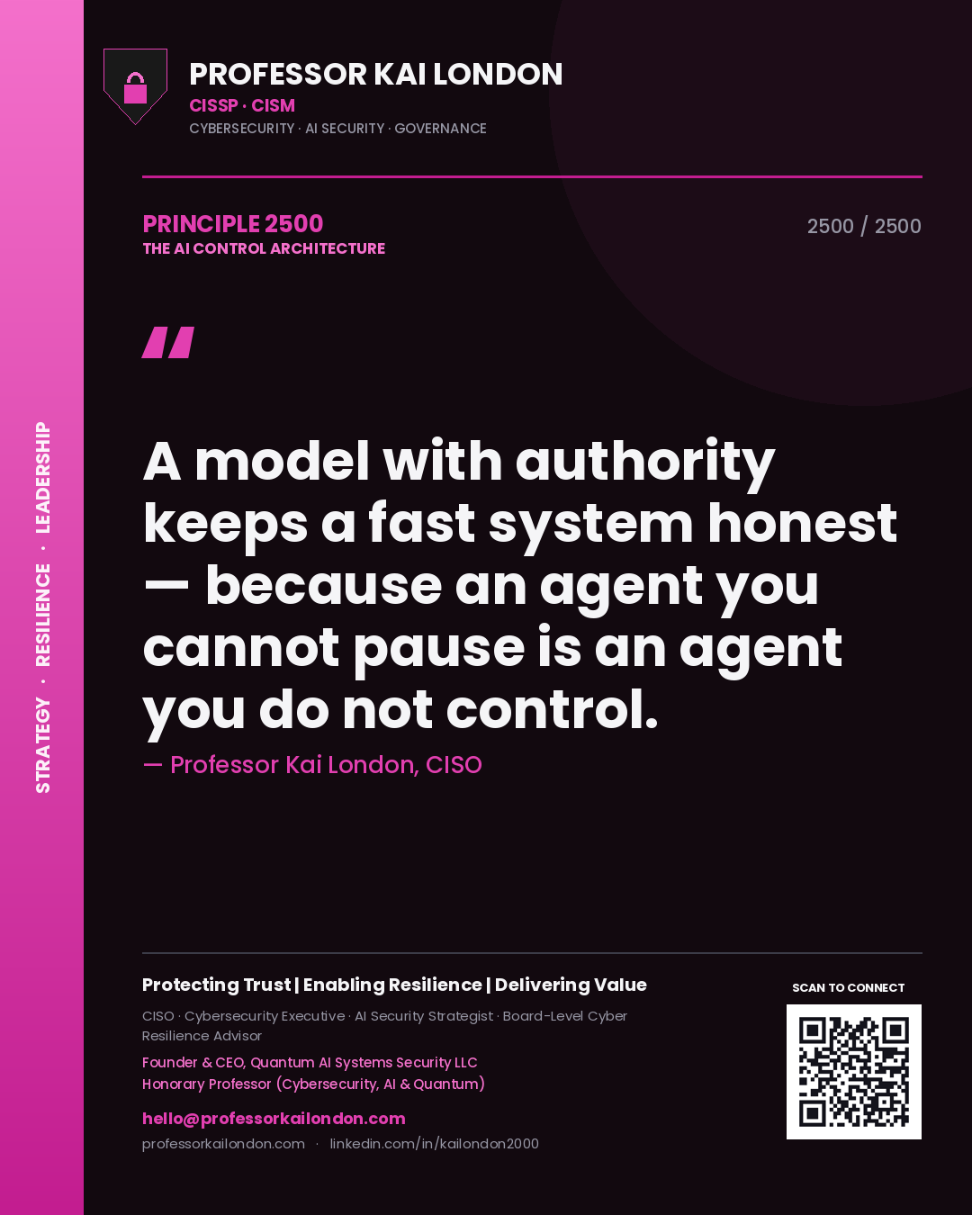 Professor Kai London principle 2500: A model with authority keeps a fast system honest — because an agent you cannot pause is an agent you do not control.