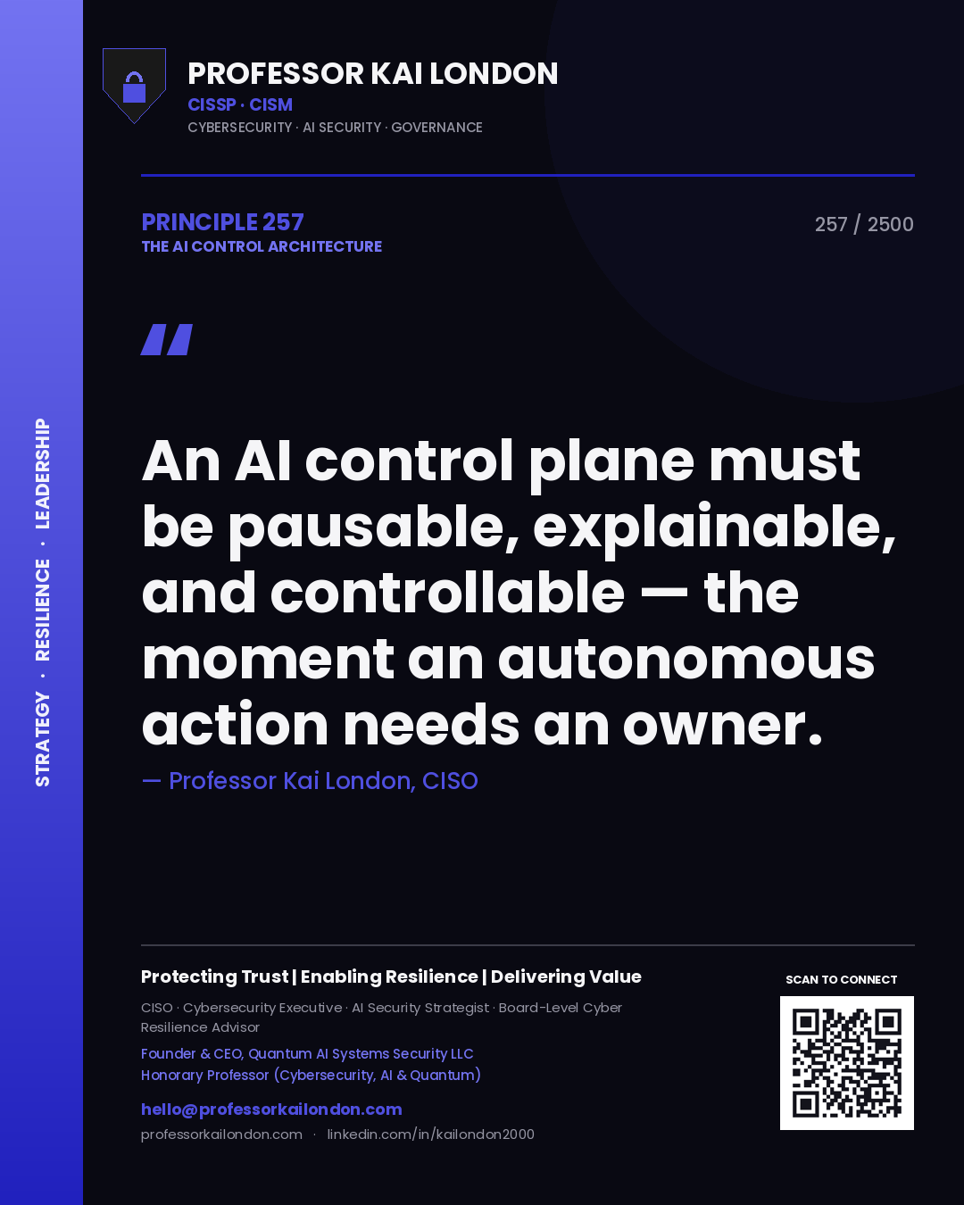 Quote card by Professor Kai London reading 'An AI control plane must be pausable, explainable, and controllable — the moment an autonomous action needs an owner.'. From the book The AI Control Architecture.