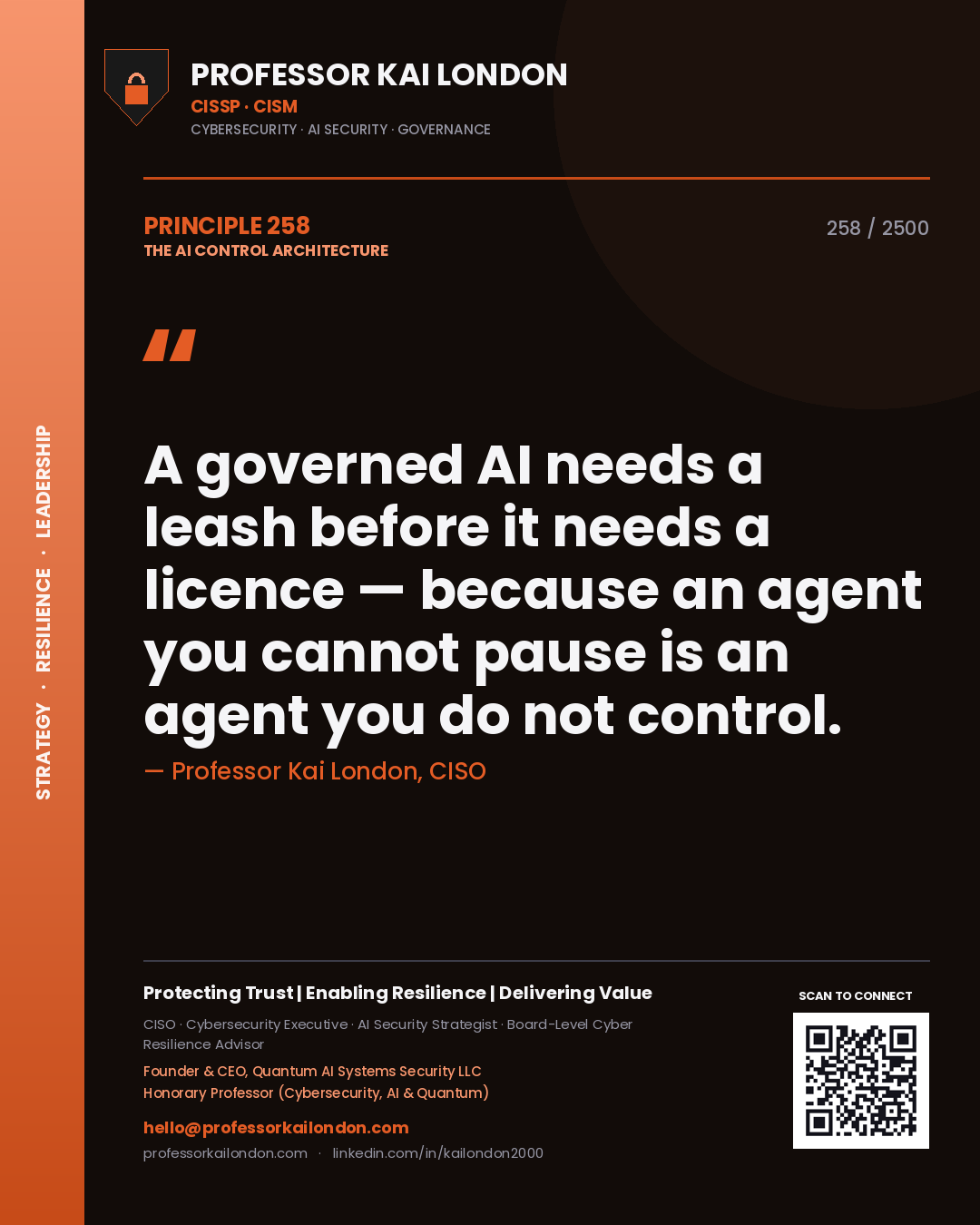 Quote card by Professor Kai London reading 'A governed AI needs a leash before it needs a licence — because an agent you cannot pause is an agent you do not control.'. From the book The AI Control Architecture.