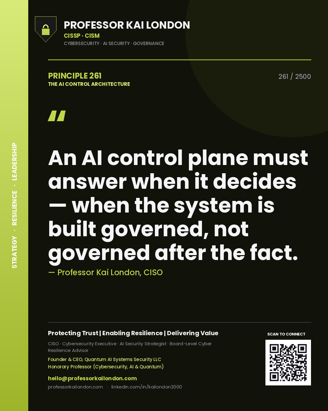 Quote card by Professor Kai London reading 'An AI control plane must answer when it decides — when the system is built governed, not governed after the fact.'. From the book The AI Control Architecture.